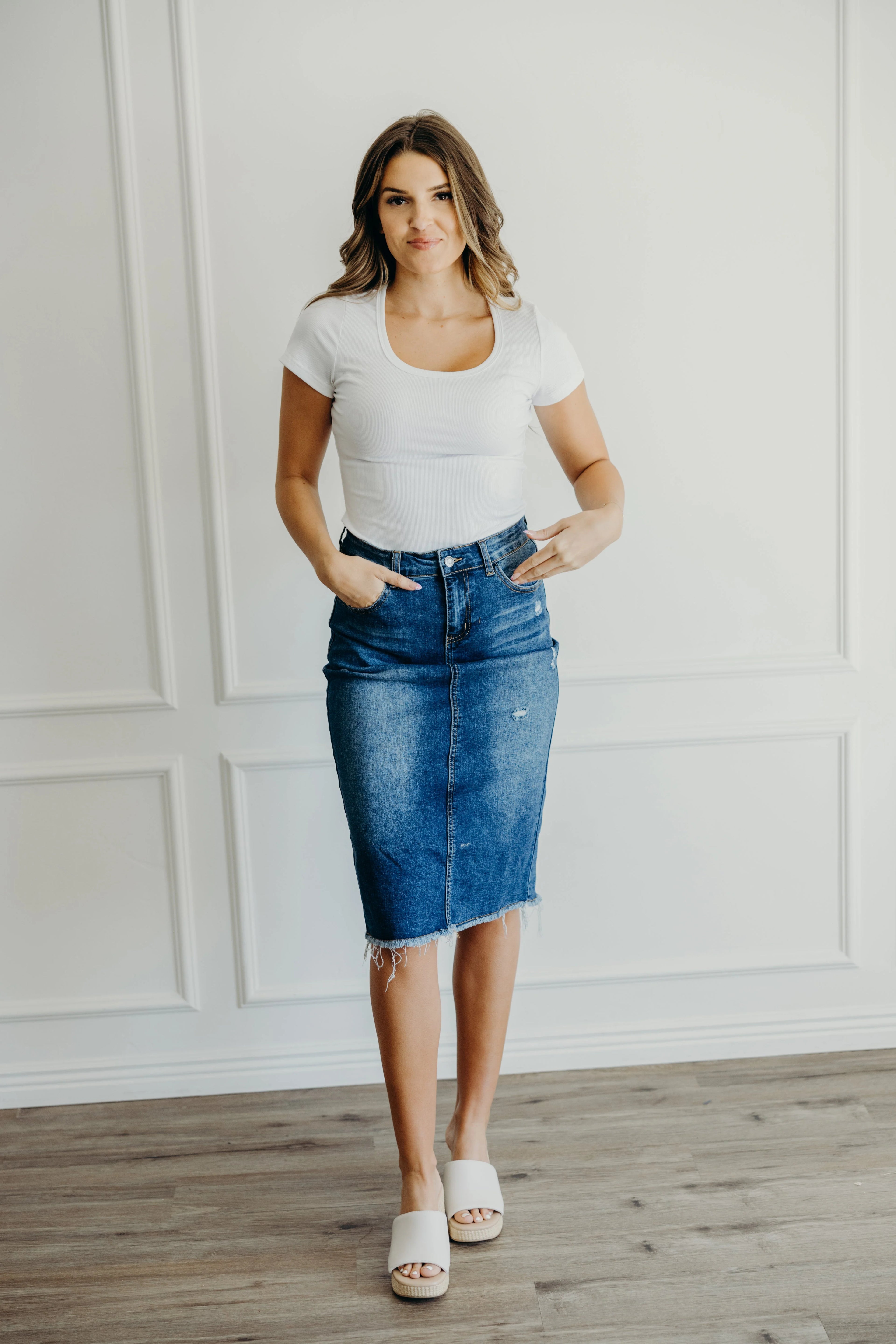 Distressed denim skirt in denim blue knee length skirt Mikarose- Tilden Co.