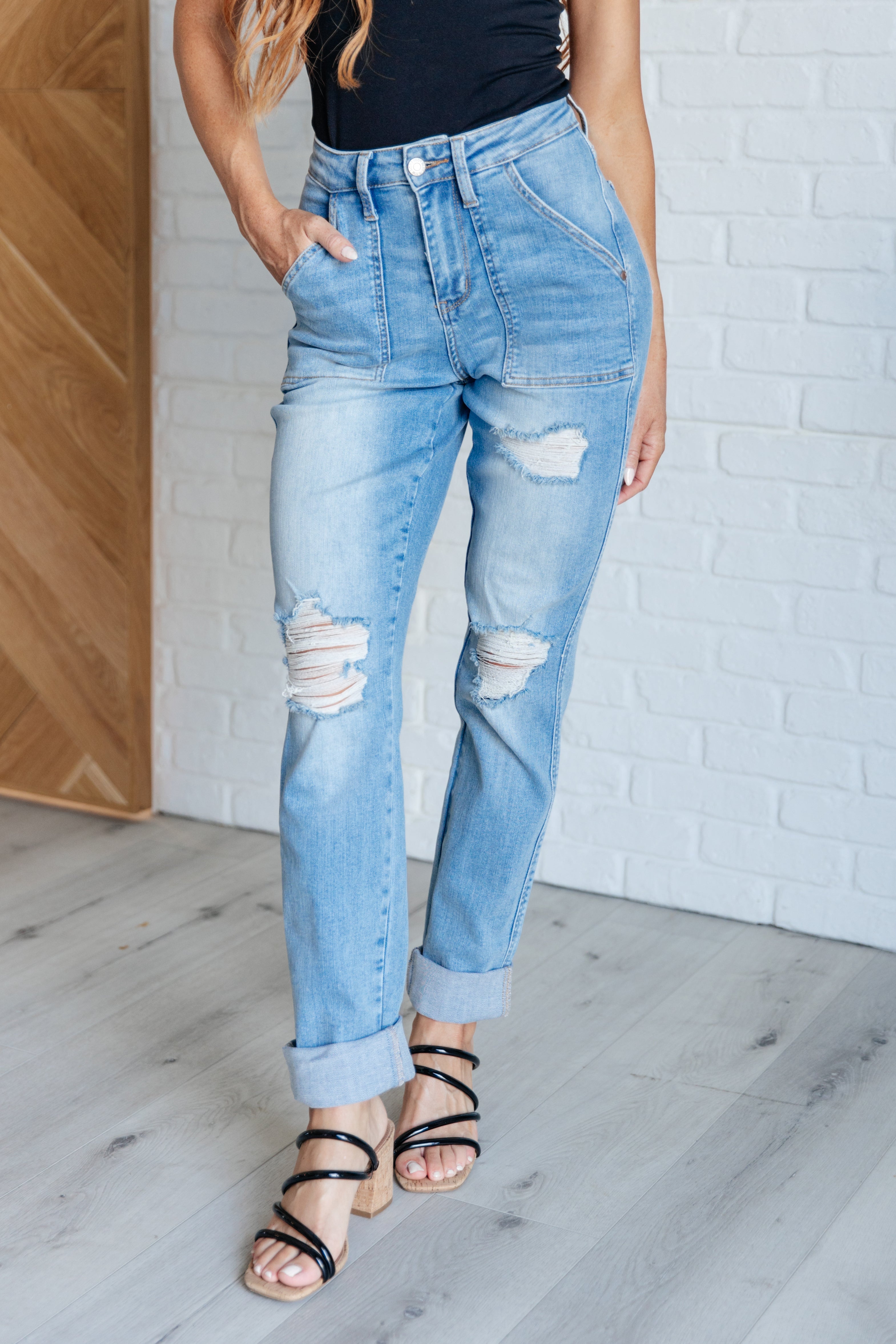 Aiden High Rise Patch Pocket Distressed Boyfriend Jeans    Womens Ave Shops- Tilden Co.