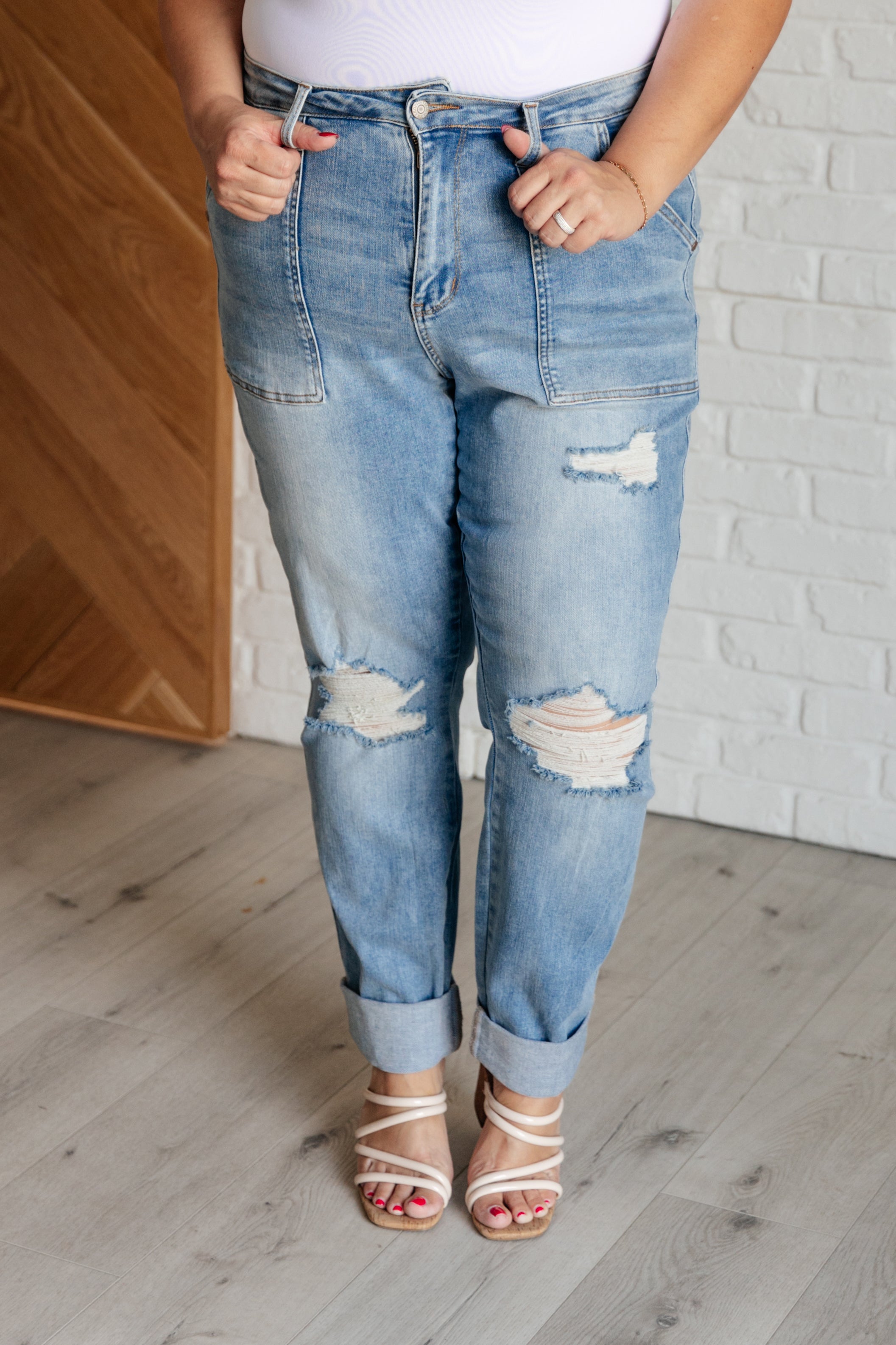 Aiden High Rise Patch Pocket Distressed Boyfriend Jeans    Womens Ave Shops- Tilden Co.