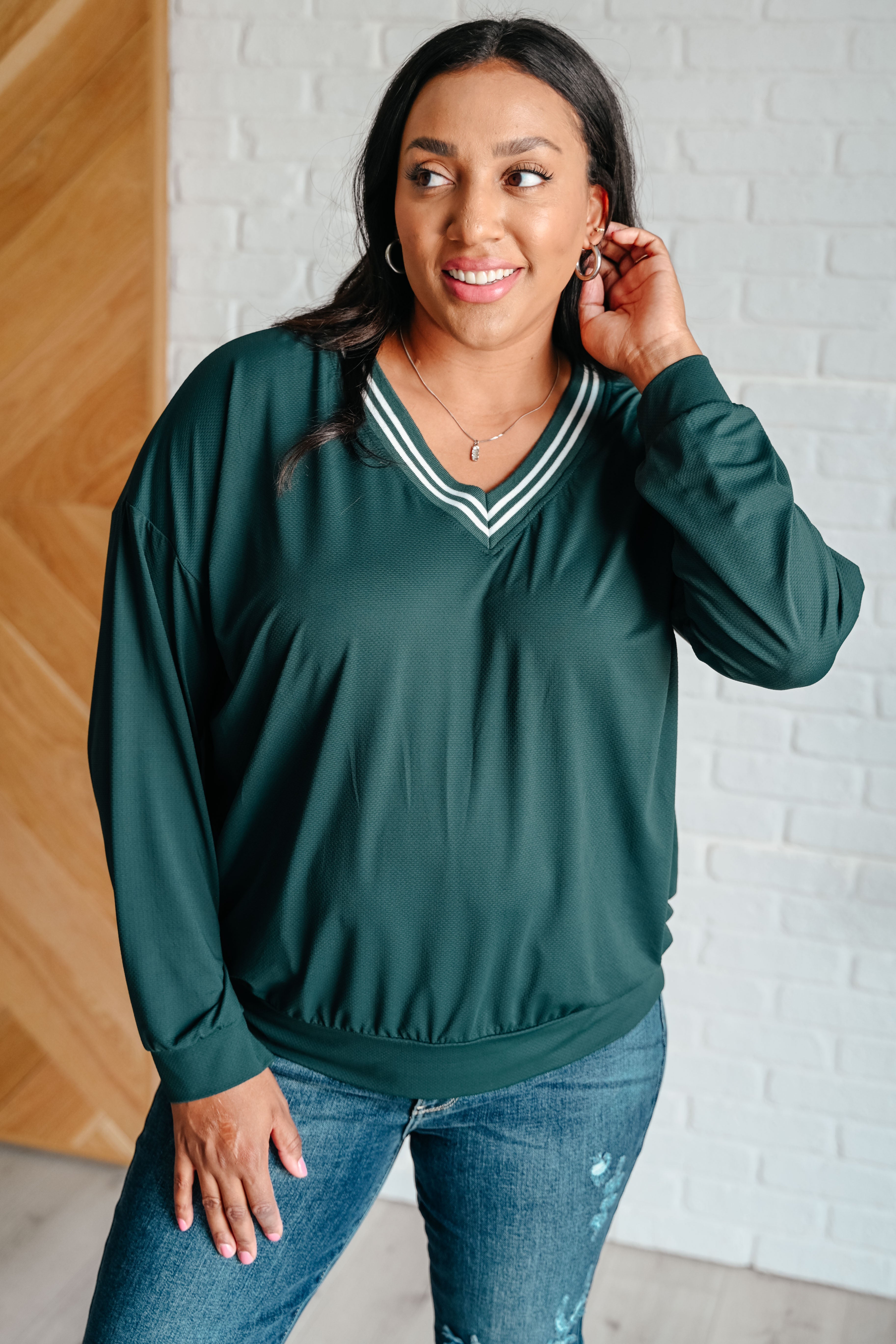 All Out Comfort V-Neck Pullover in Midnight Green    Tops Ave Shops- Tilden Co.