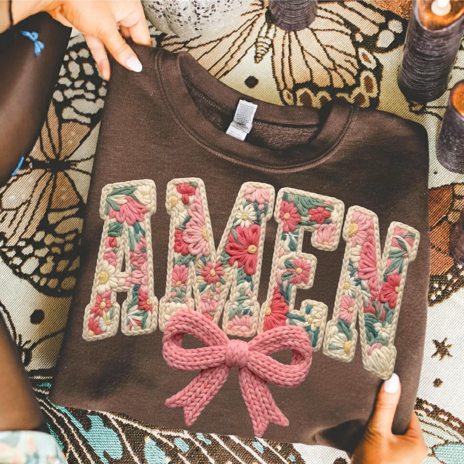 Amen in Stitches in Chocolate Graphic Tee and Sweatshirt Womens Ave Shops- Tilden Co.