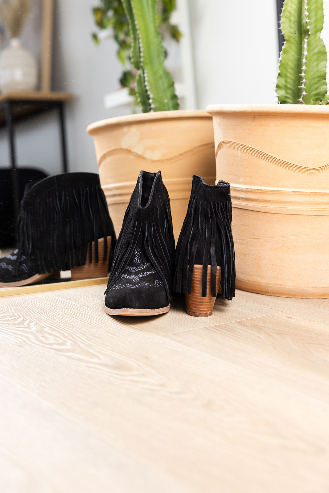 Amos Fringe Ankle Bootie in Black Suede    Shoes Ave Shops- Tilden Co.