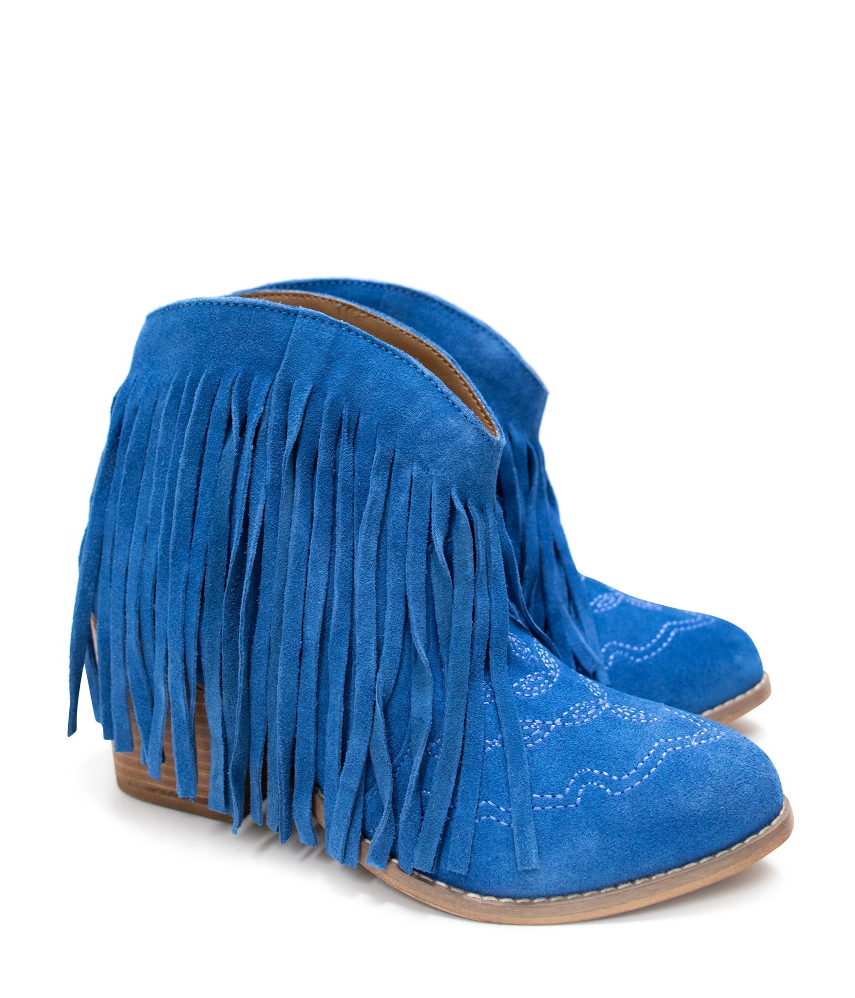 Amos Fringe Ankle Bootie in Blue Suede 110 Fashion Boots Naughty Monkey- Tilden Co.