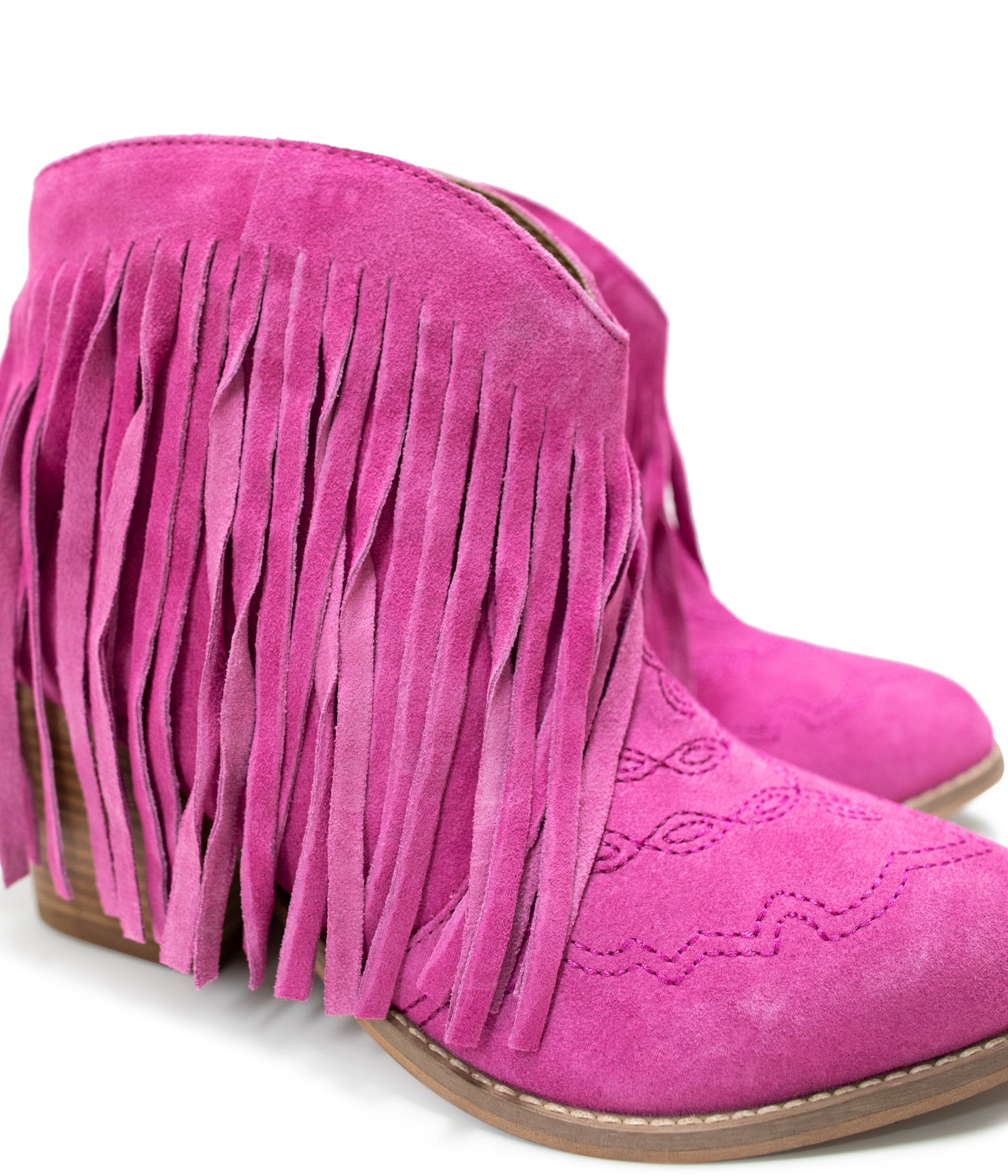 Amos Fringe Ankle Bootie in Magenta Suede 110 Fashion Boots Naughty Monkey- Tilden Co.