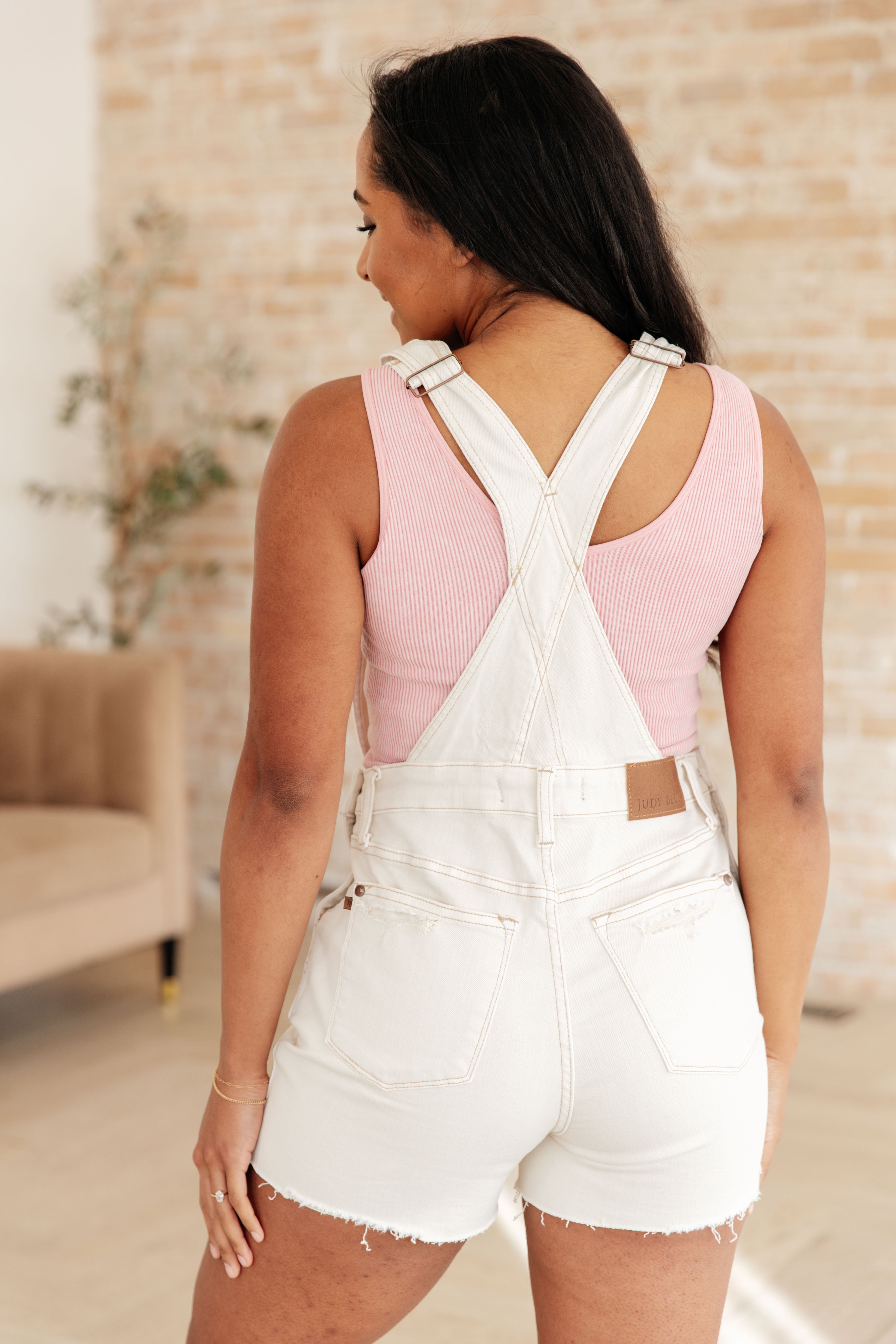 Anna High Rise Garment Dyed Cutoff Shortalls in Ecru Denim Ave Shops- Tilden Co.