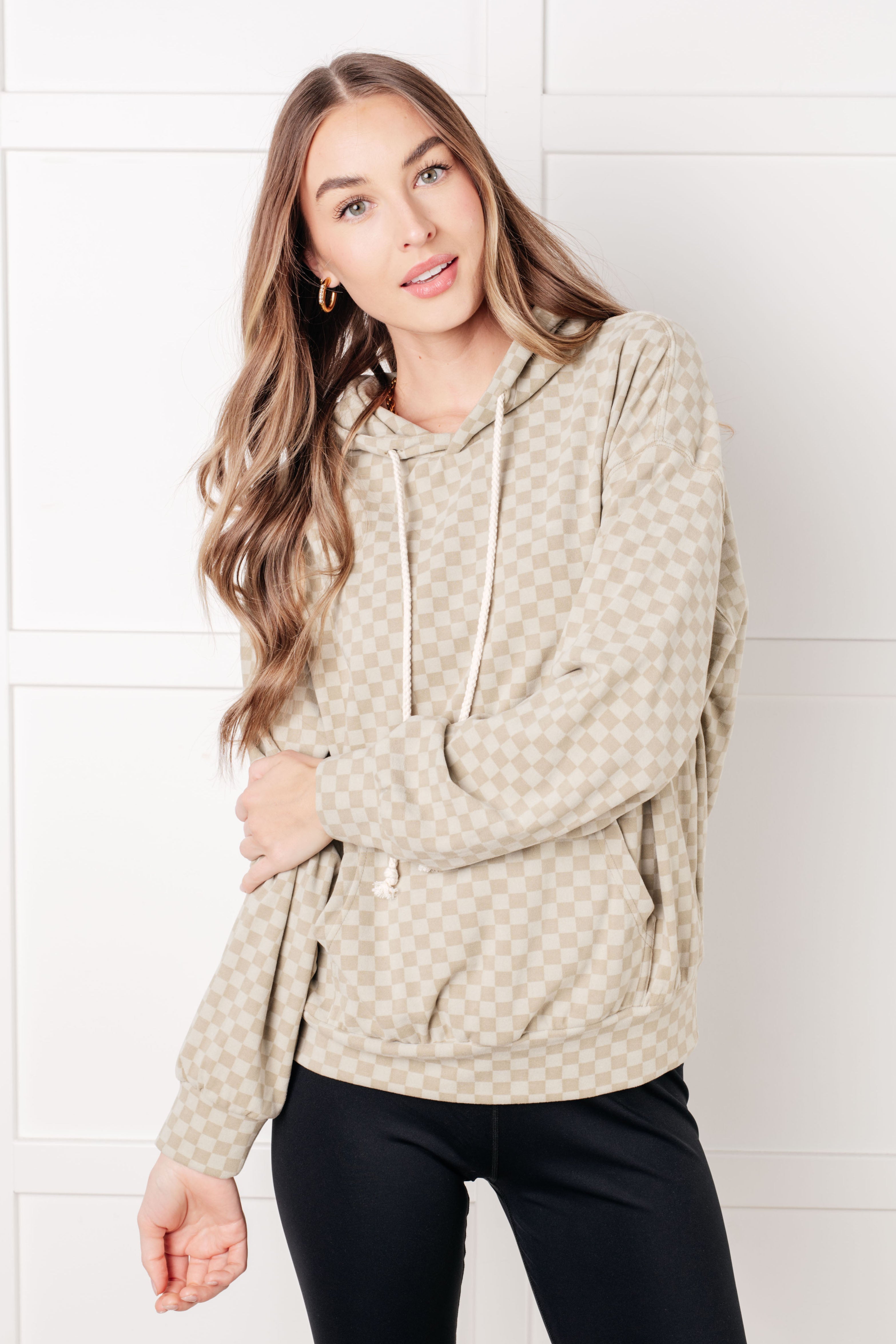 Ask Me Out Checkered Hoodie in Sage Tops Ave Shops- Tilden Co.