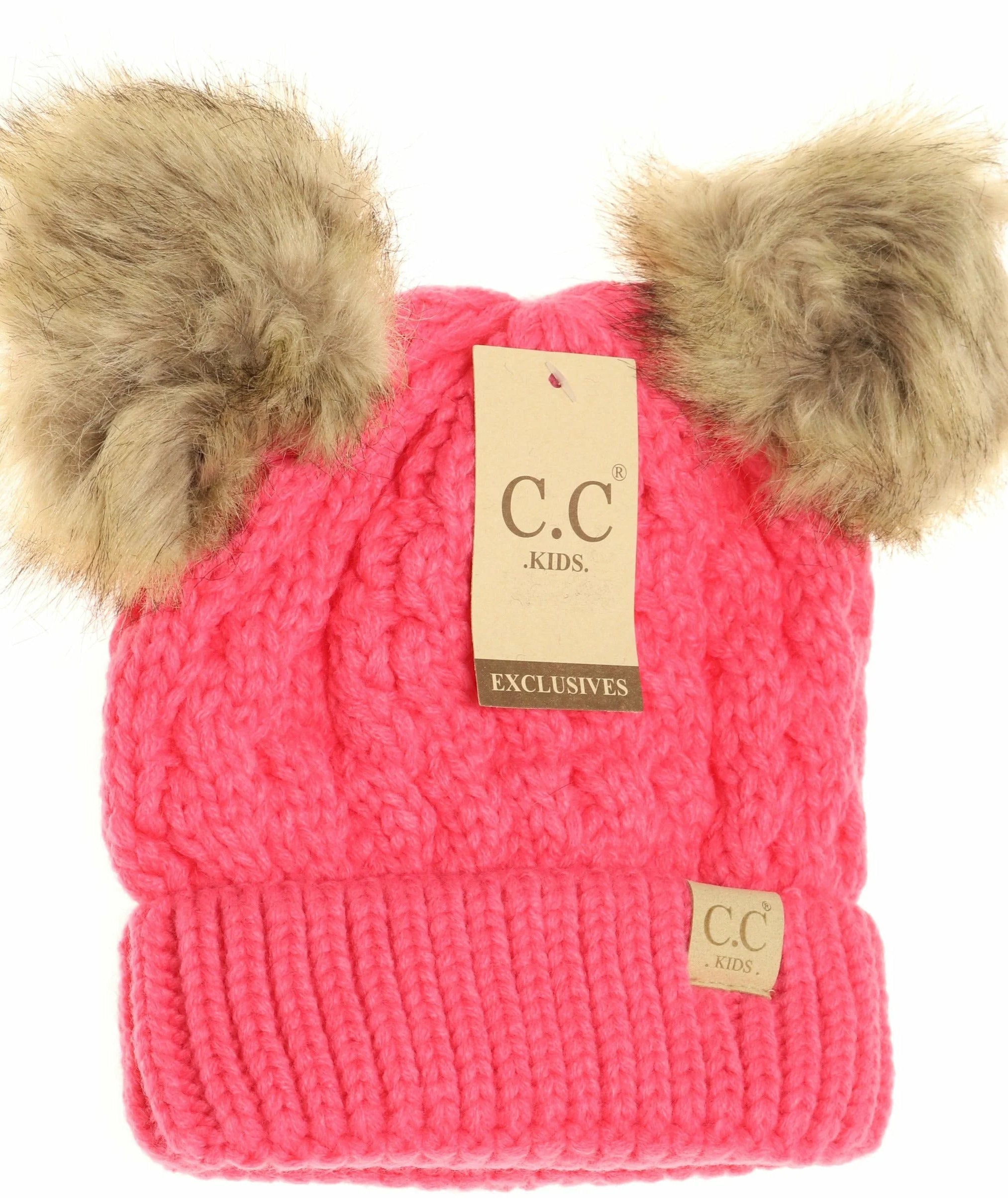 KIDS Cable Knit Double Fur Pom Beanie New Candy Pink New Candy Pink  beanie CC Brand Beanies- Tilden Co.