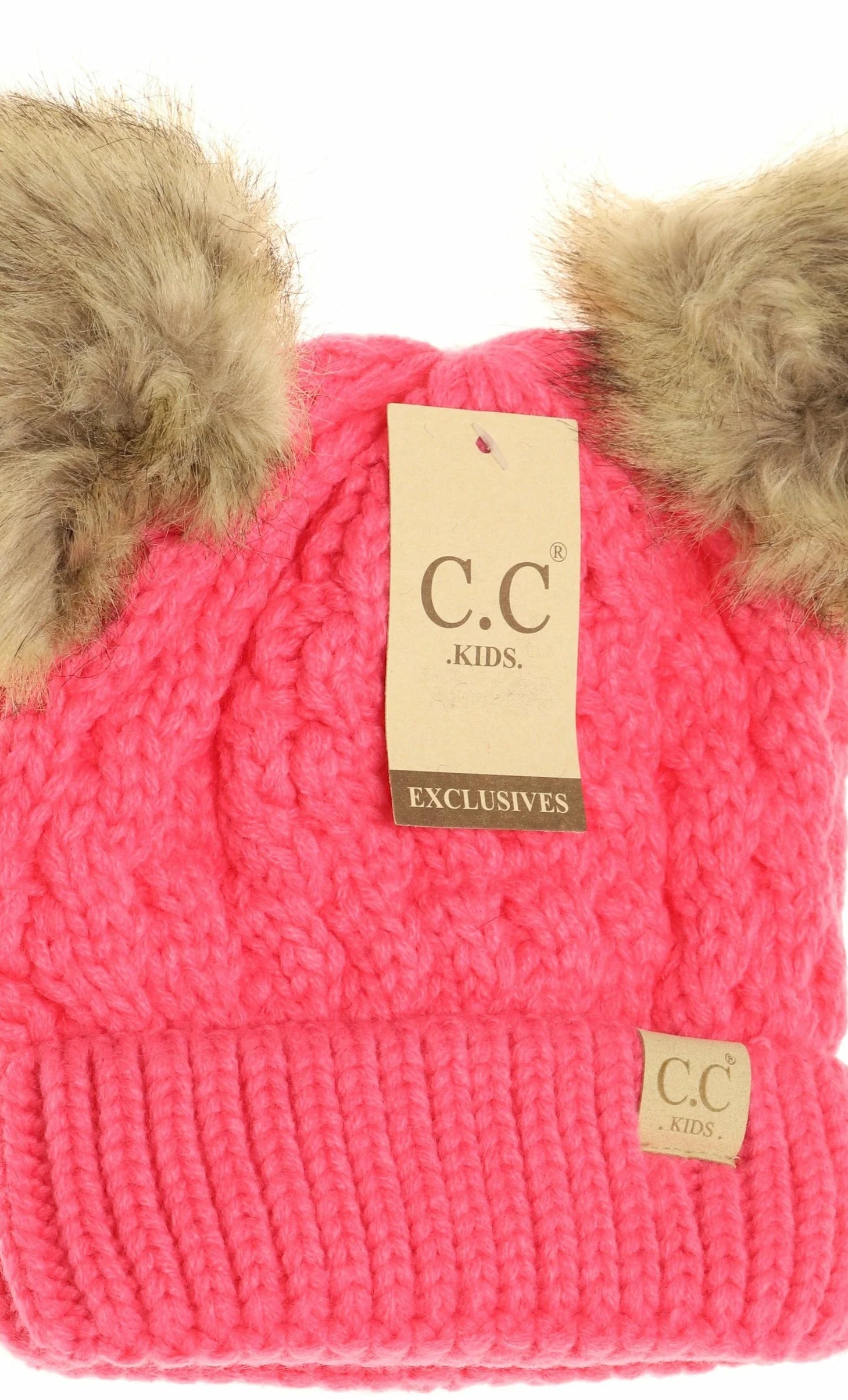 KIDS Cable Knit Double Fur Pom Beanie New Candy Pink New Candy Pink  beanie CC Brand Beanies- Tilden Co.