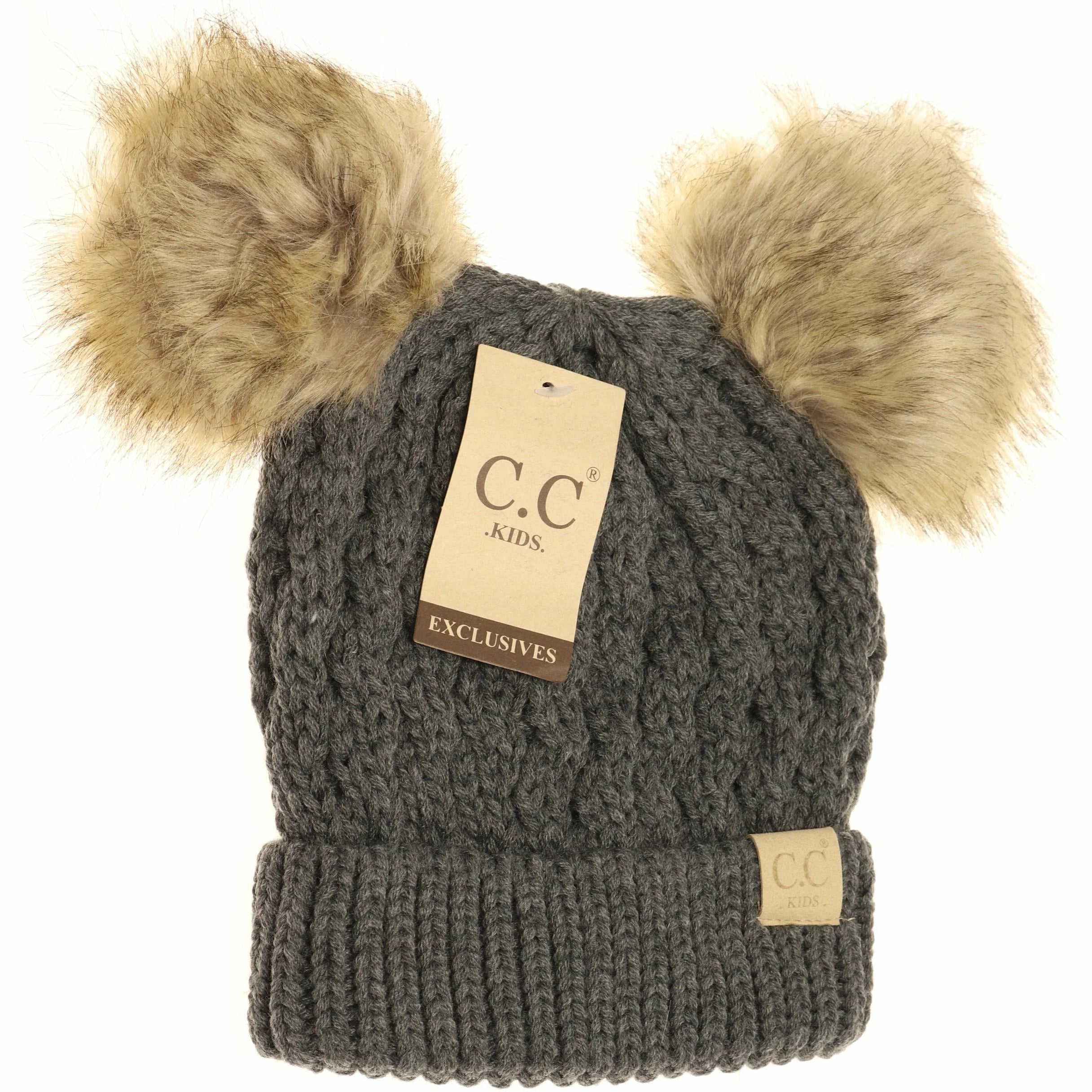 KIDS Cable Knit Double Fur Pom Beanie Dk Grey Dk Grey  beanie CC Brand Beanies- Tilden Co.