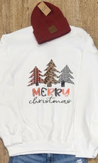 Merry Christmas Plaid Tree Crewneck Sweatshirt in White     Daydreamer Creations- Tilden Co.