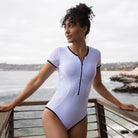 Short Sleeve Front Zip One Piece Swimsuit Perforated White / XXS Perforated White XXS One Piece Swimsuit Janela Bay- Tilden Co.