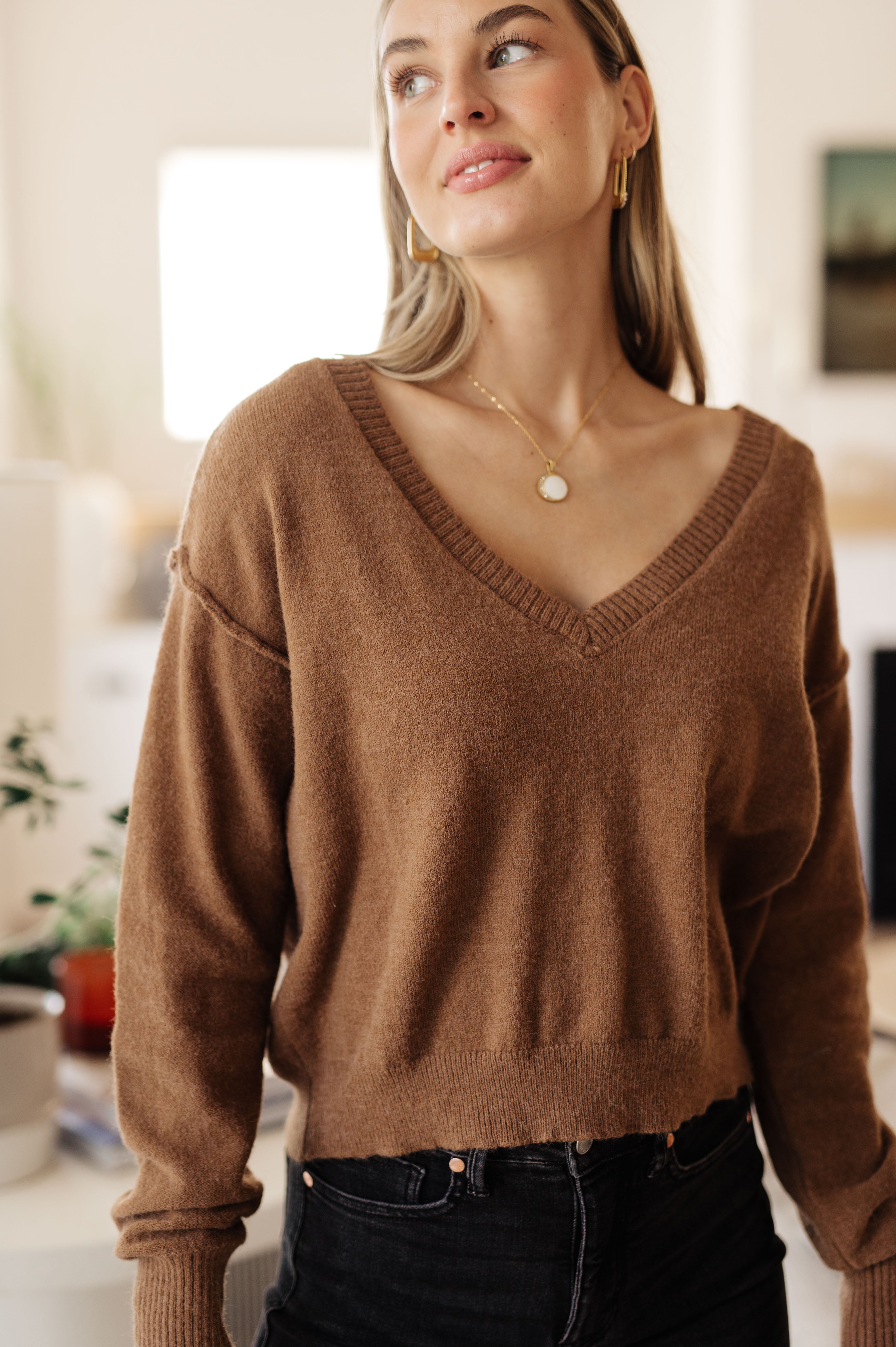 Back to Life V-Neck Sweater in Mocha Tops Ave Shops- Tilden Co.