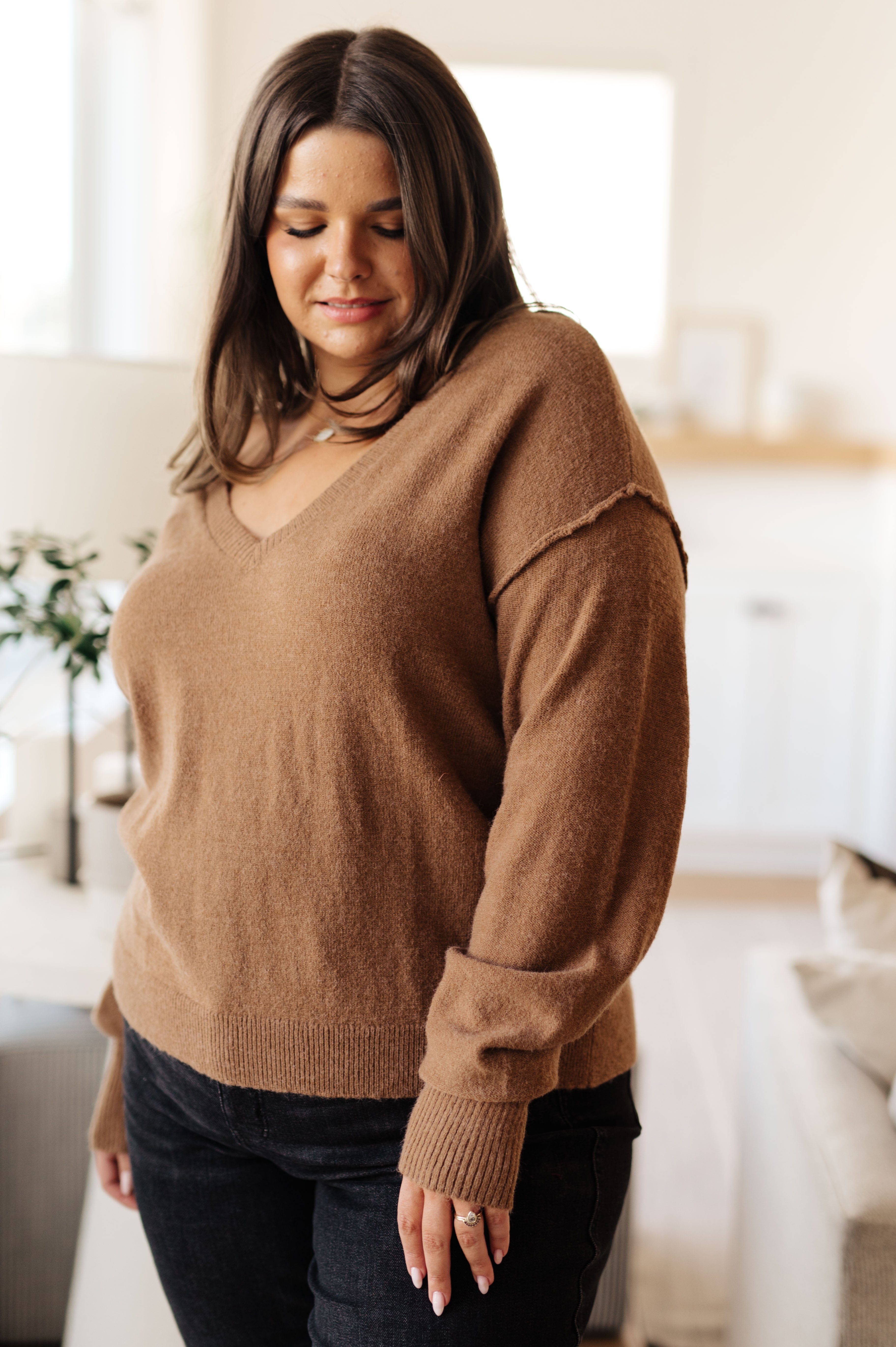 Back to Life V-Neck Sweater in Mocha Tops Ave Shops- Tilden Co.