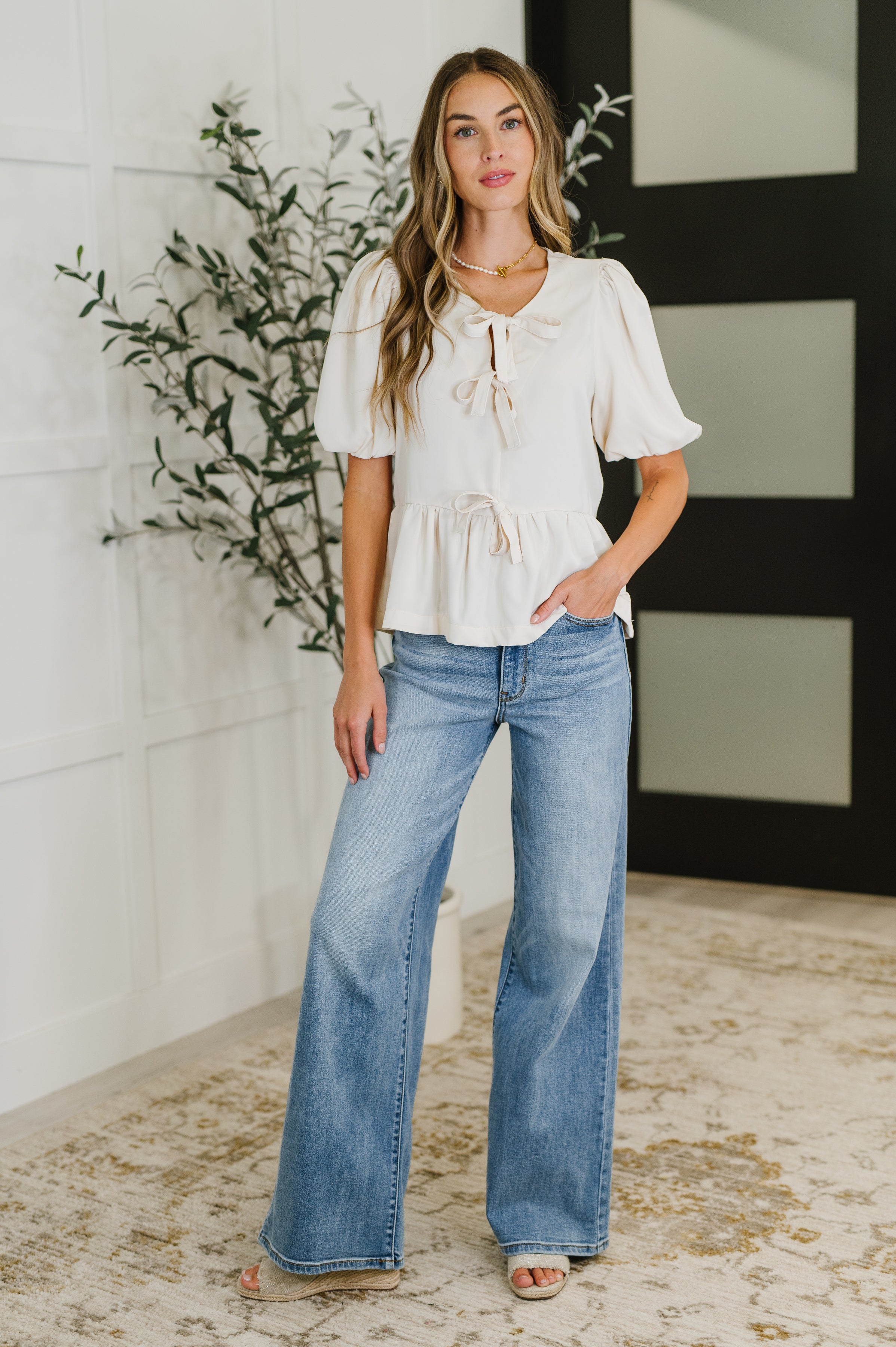 PREORDER: Balloon Sleeve Bow Blouse in Ivory Womens Ave Shops- Tilden Co.