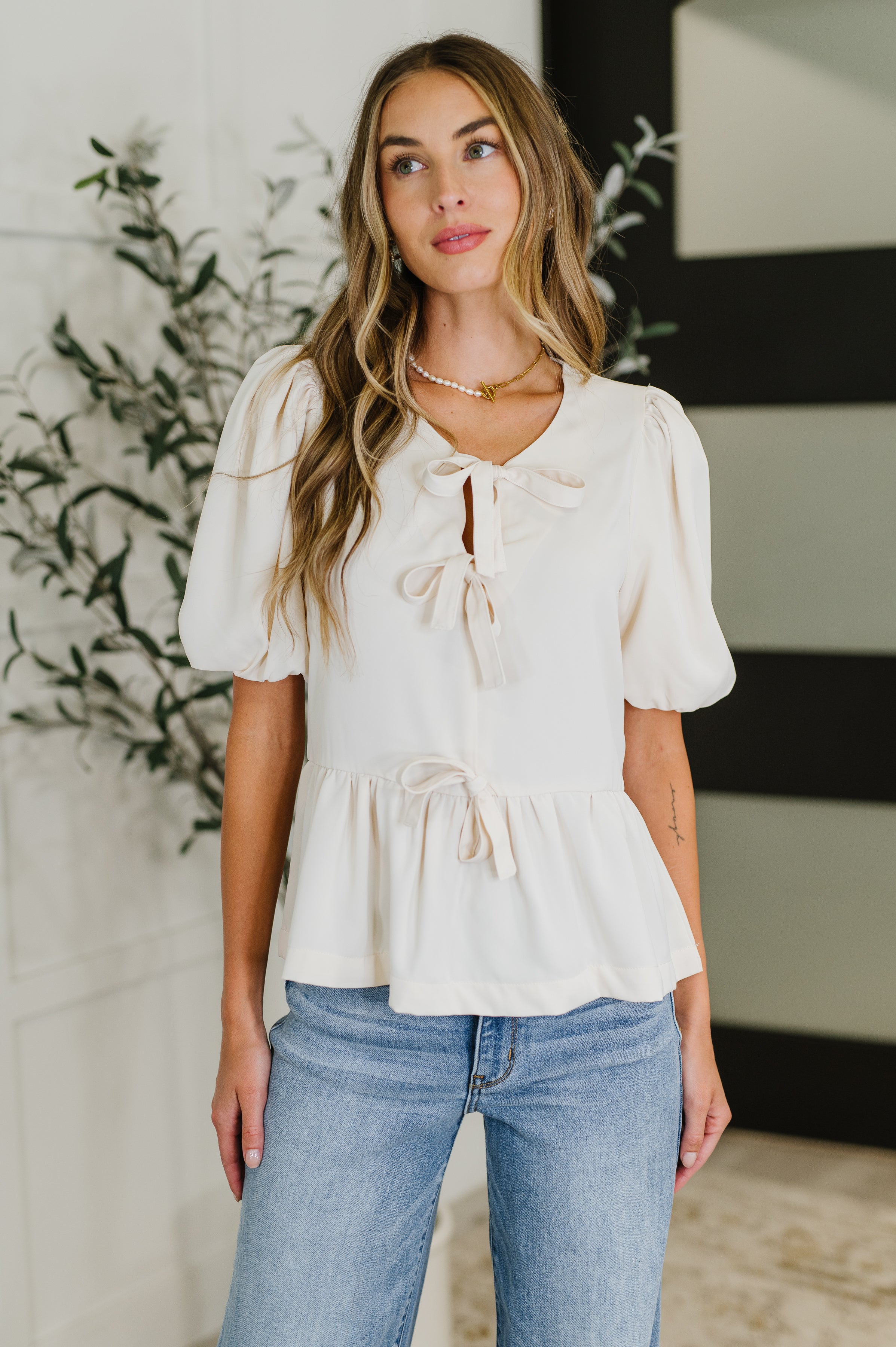 PREORDER: Balloon Sleeve Bow Blouse in Ivory Womens Ave Shops- Tilden Co.