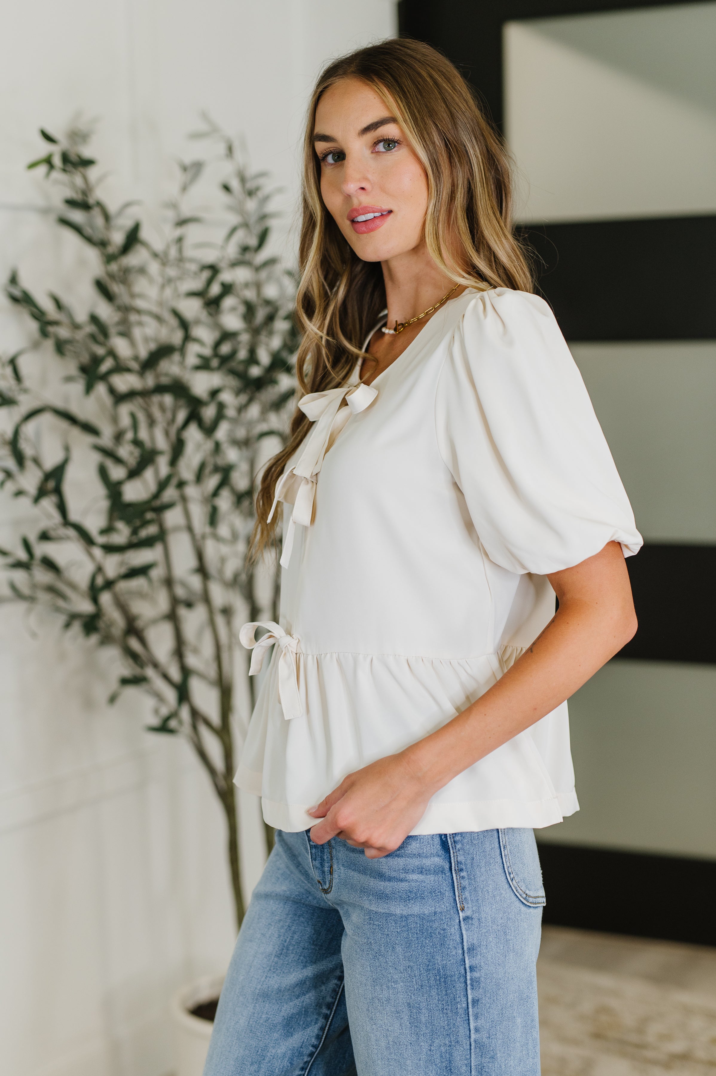 PREORDER: Balloon Sleeve Bow Blouse in Ivory Womens Ave Shops- Tilden Co.