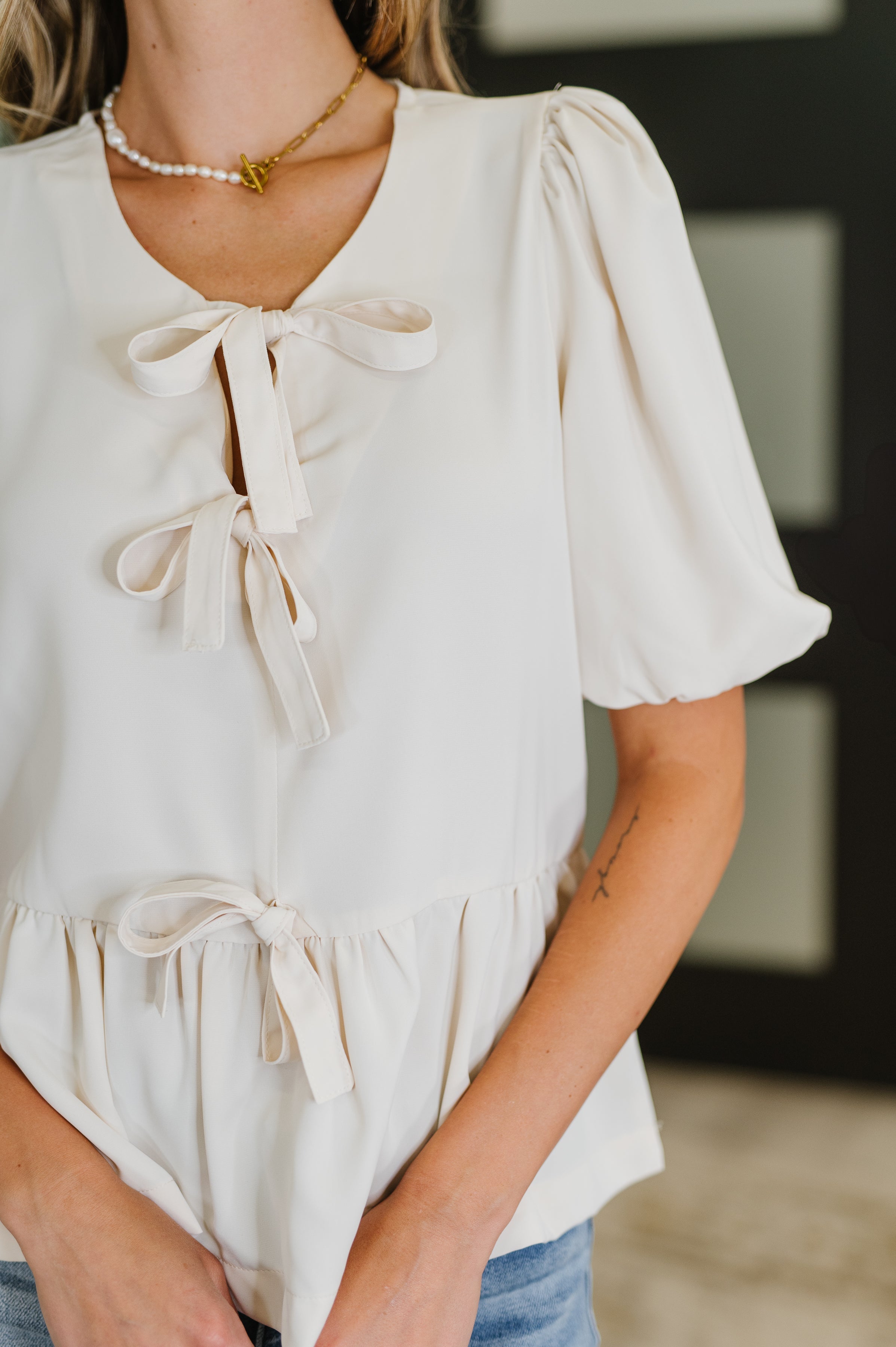 PREORDER: Balloon Sleeve Bow Blouse in Ivory Womens Ave Shops- Tilden Co.