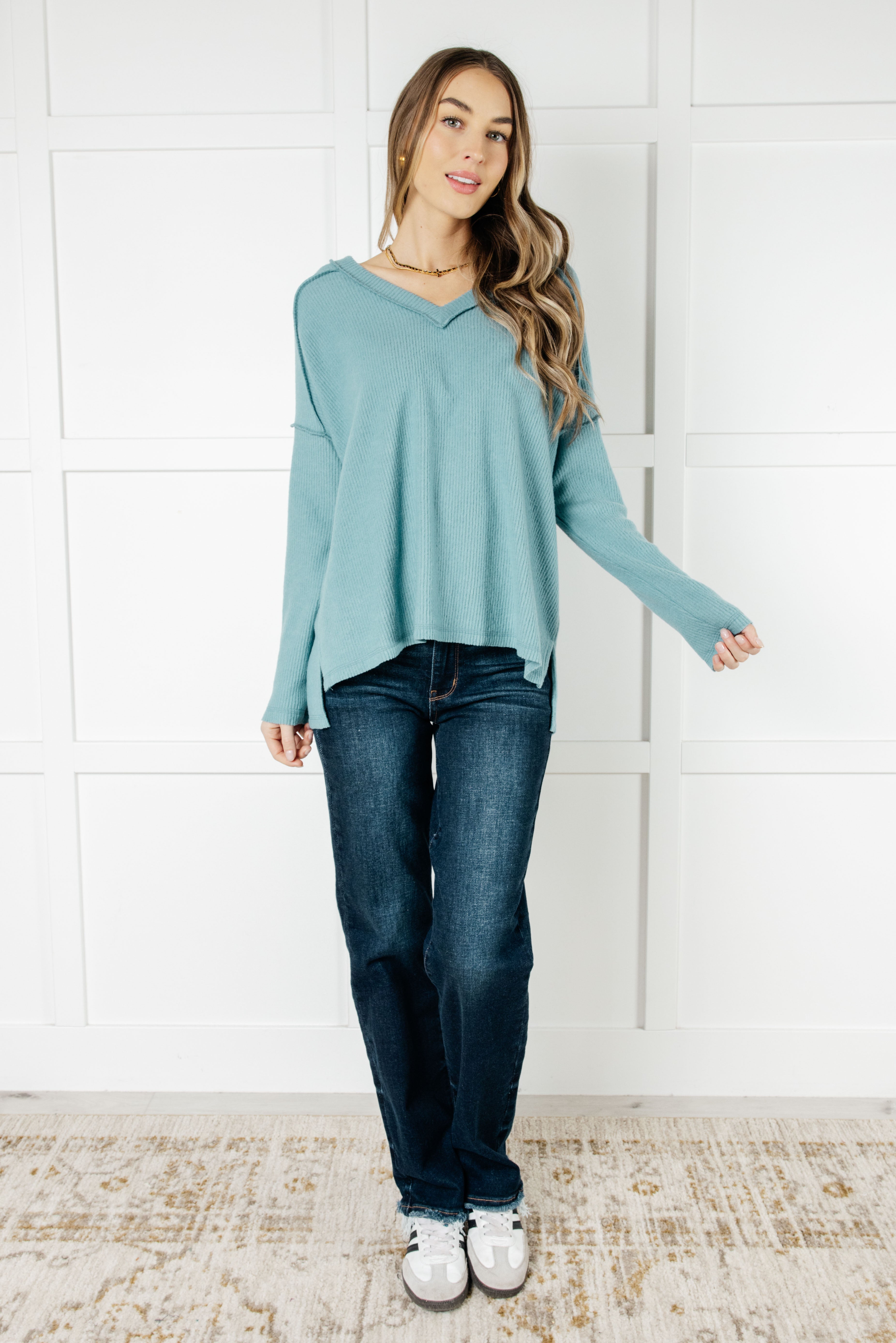 Basically Freezing Brushed Hacci Top in Dusty Teal Tops Ave Shops- Tilden Co.