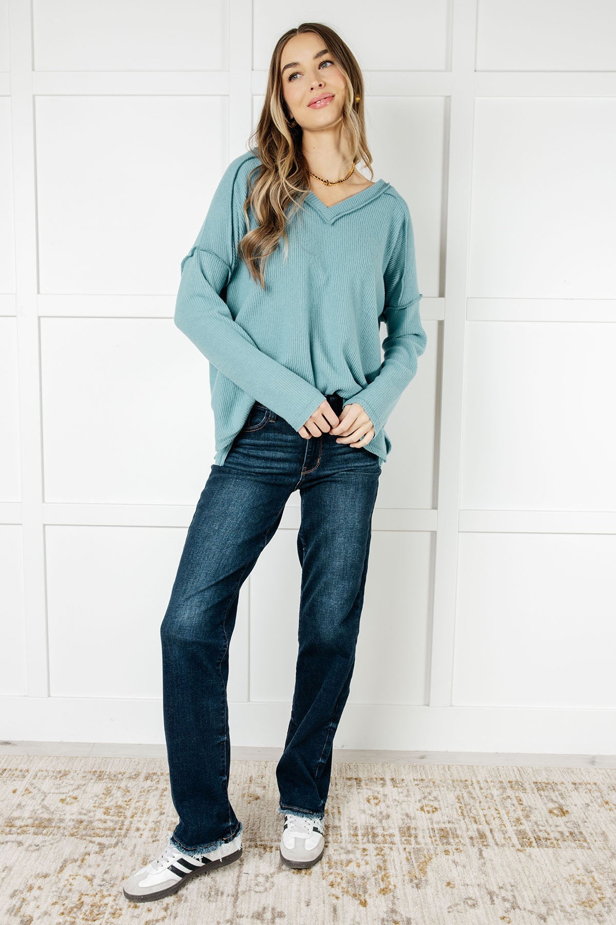 Basically Freezing Brushed Hacci Top in Dusty Teal Tops Ave Shops- Tilden Co.