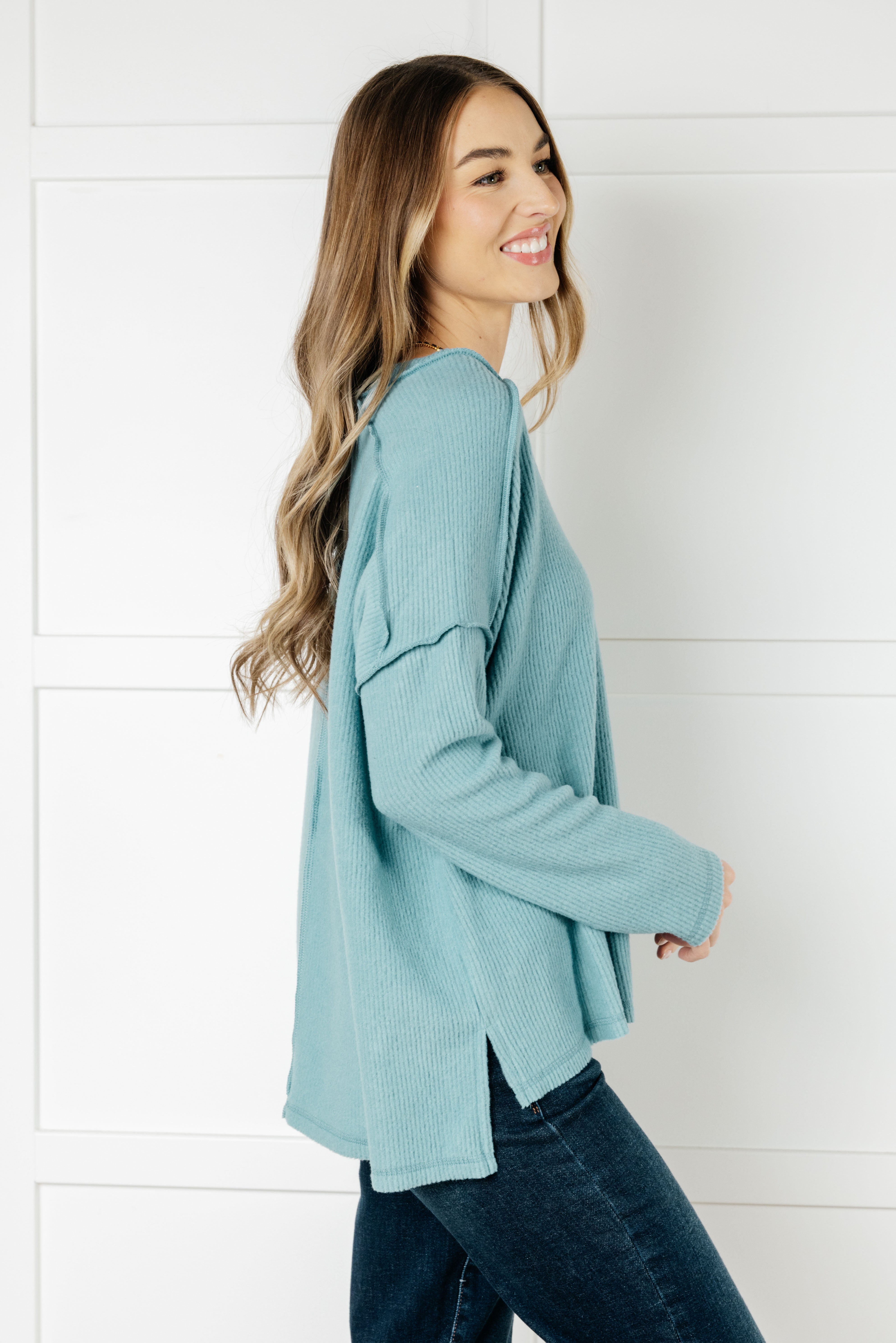 Basically Freezing Brushed Hacci Top in Dusty Teal Tops Ave Shops- Tilden Co.