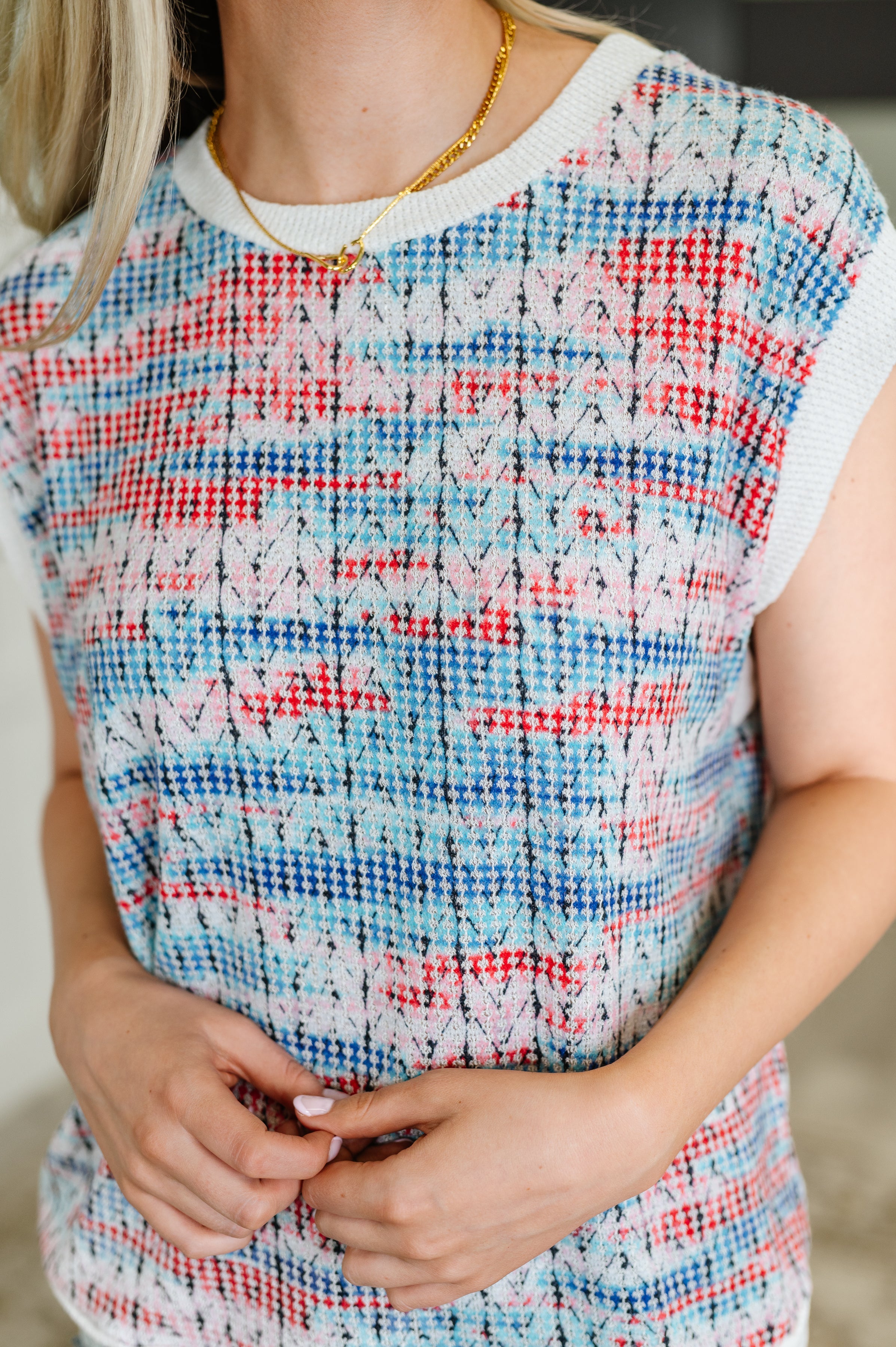 Blurred Beauty Textured Knit Top in Blue, Red and White Womens Ave Shops- Tilden Co.