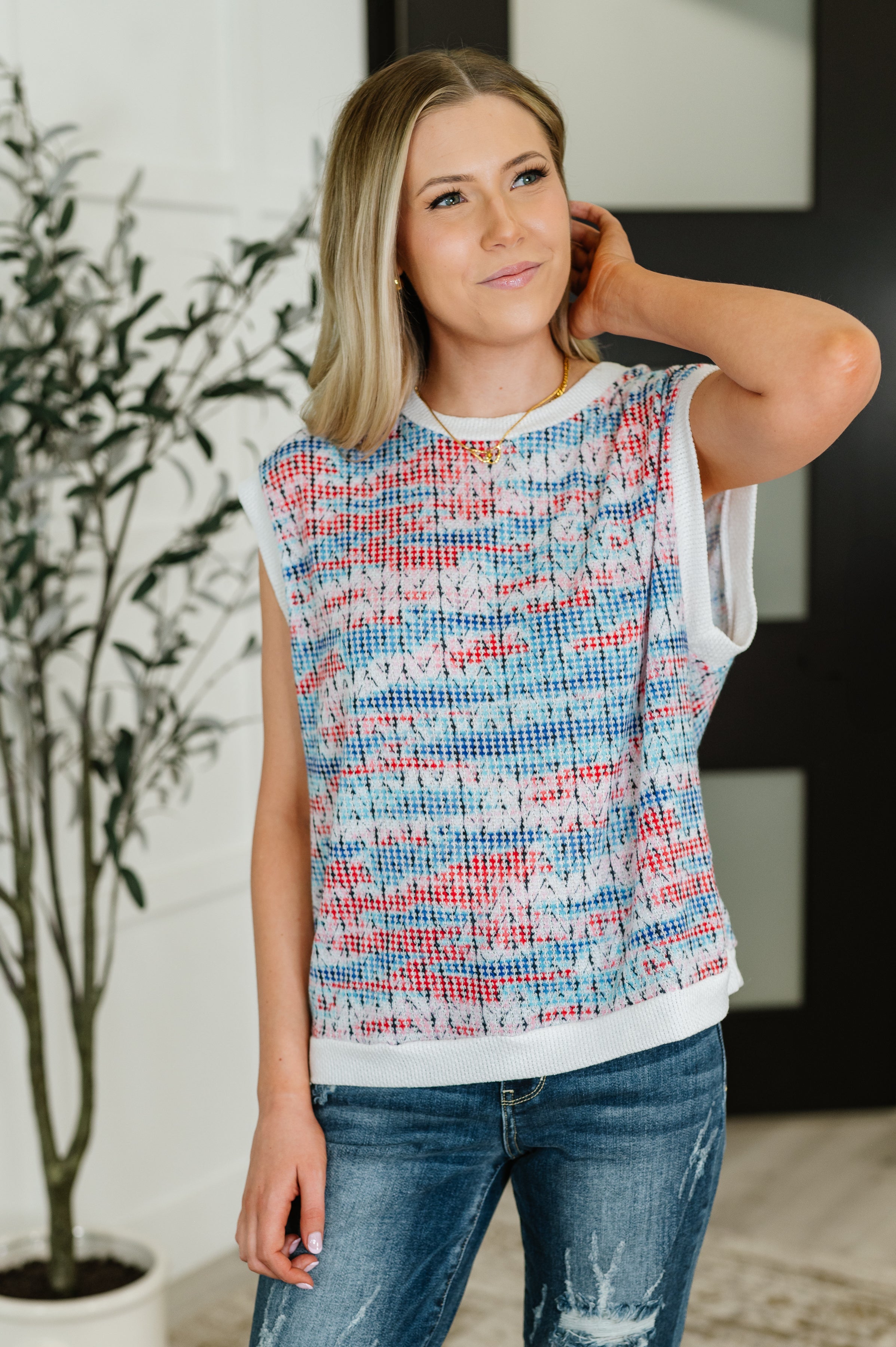 Blurred Beauty Textured Knit Top in Blue, Red and White Womens Ave Shops- Tilden Co.