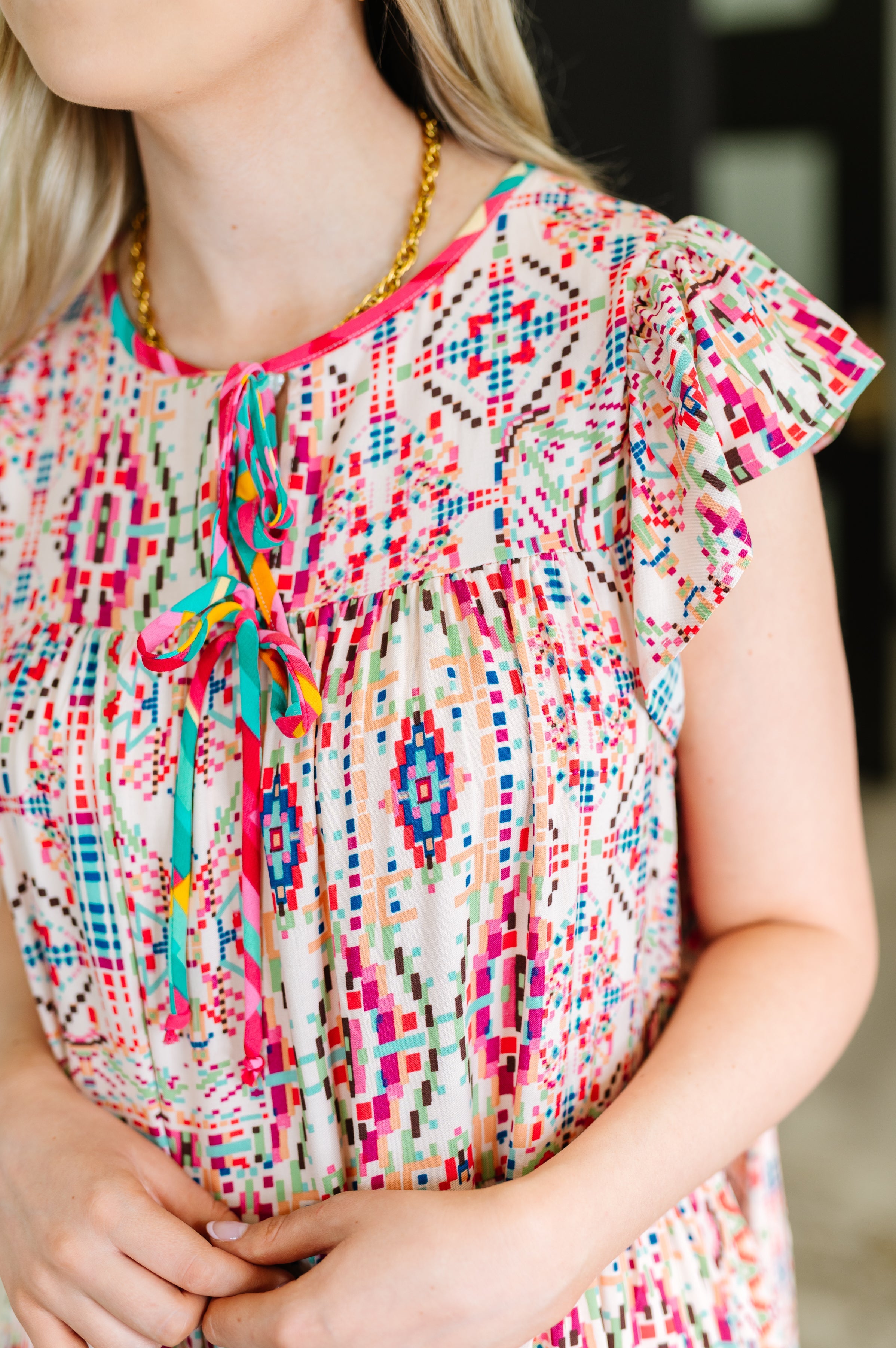 Boho and Behold Flutter Sleeve Dress in Blush/Fuchsia/Mint Womens Ave Shops- Tilden Co.
