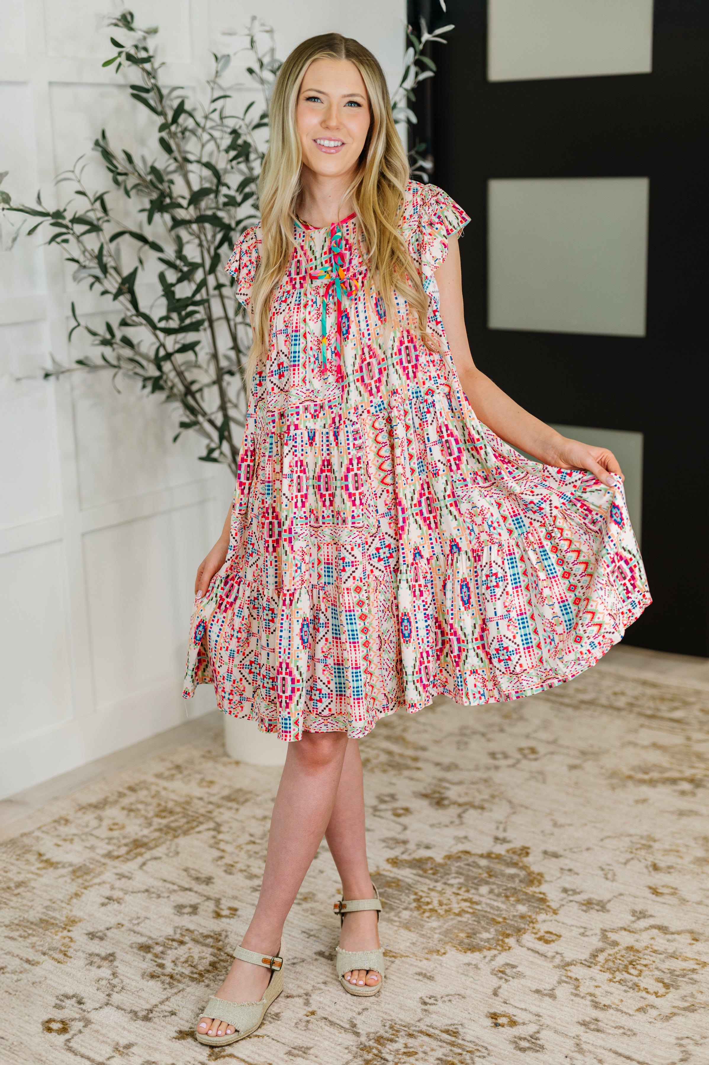 Boho and Behold Flutter Sleeve Dress in Blush/Fuchsia/Mint Womens Ave Shops- Tilden Co.