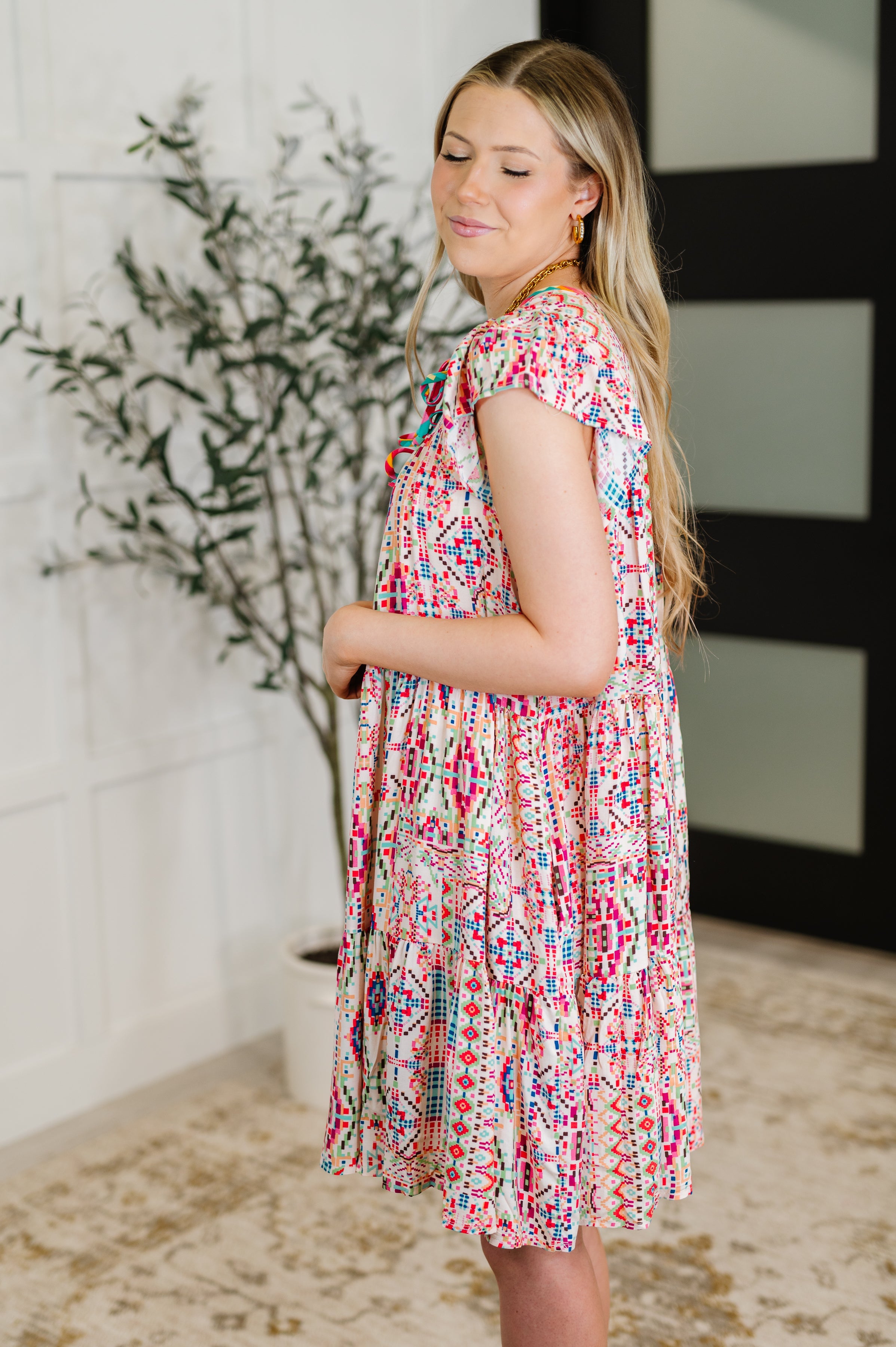 Boho and Behold Flutter Sleeve Dress in Blush/Fuchsia/Mint Womens Ave Shops- Tilden Co.