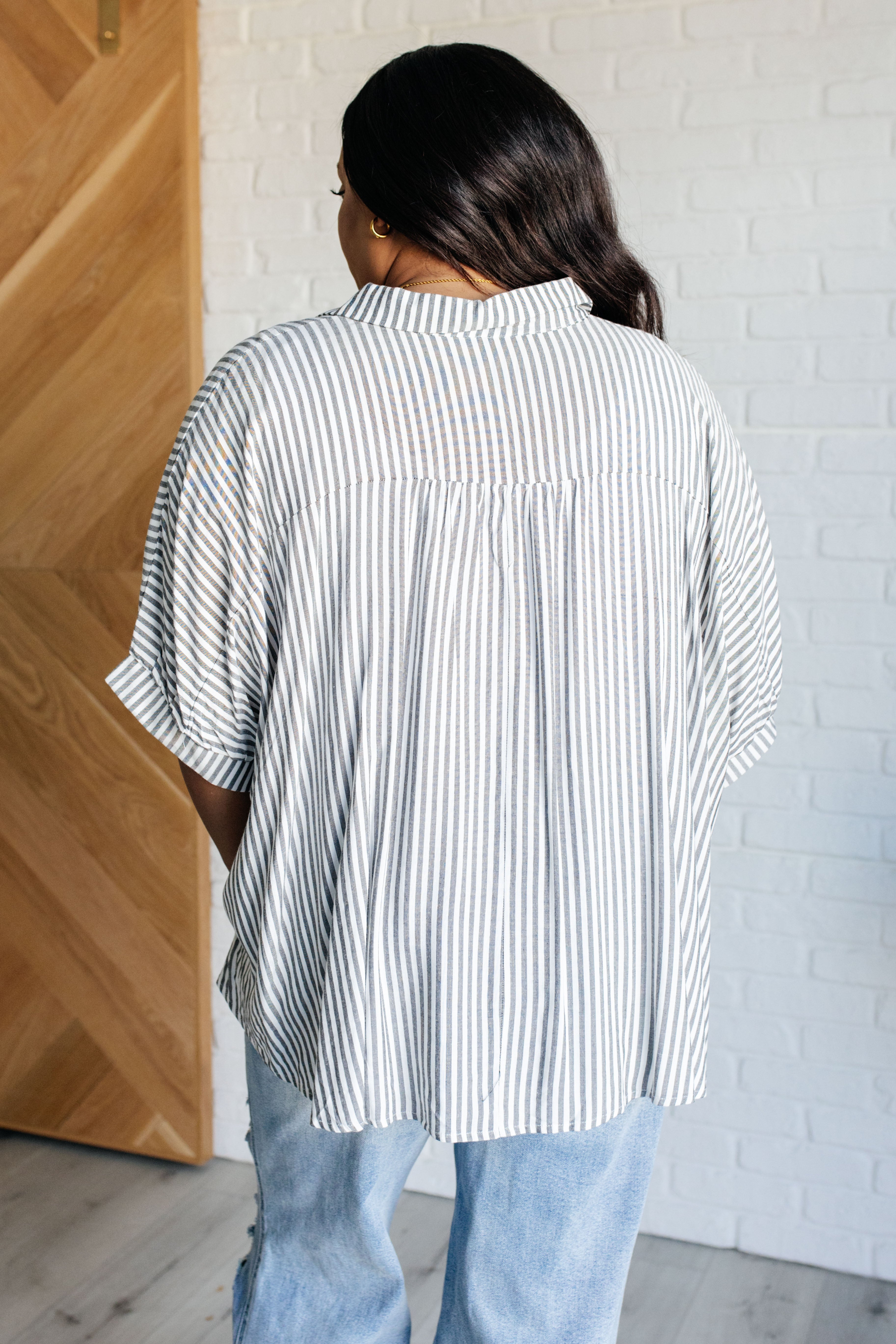 Boxy Striped Button Up in Black    Tops Ave Shops- Tilden Co.