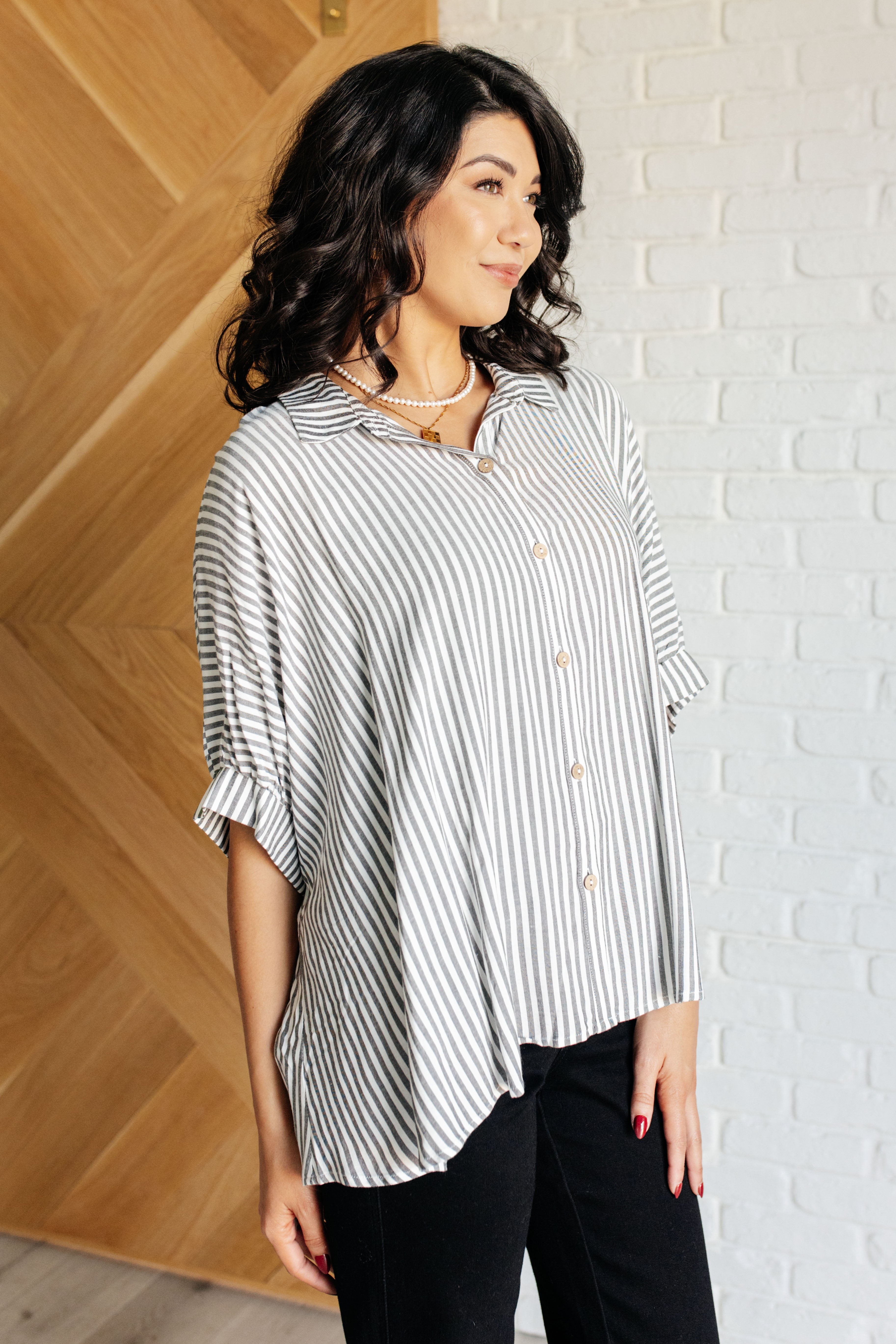 Boxy Striped Button Up in Black    Tops Ave Shops- Tilden Co.