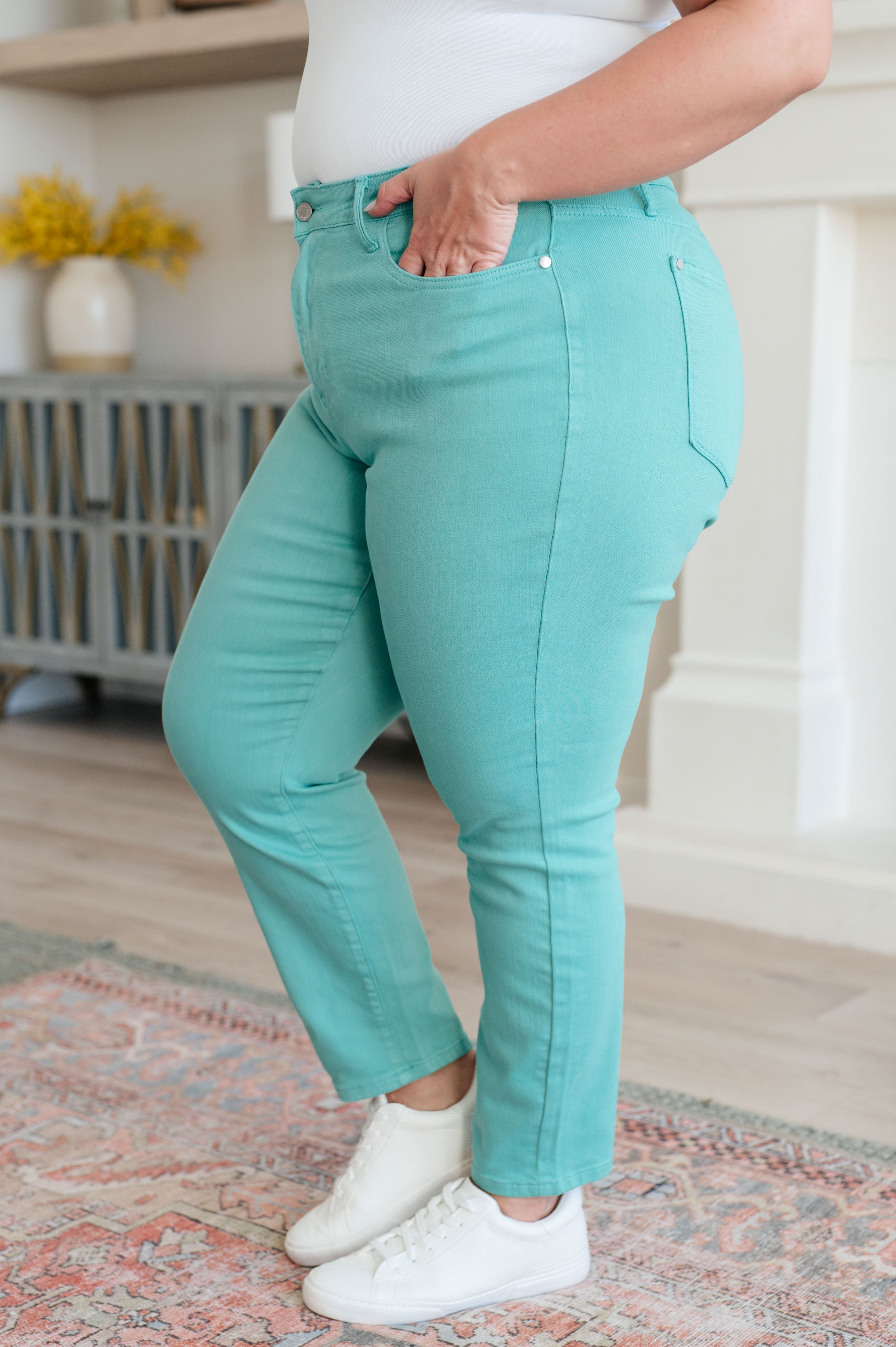 Bridgette High Rise Garment Dyed Slim Jeans in Aquamarine Jeans Ave Shops- Tilden Co.