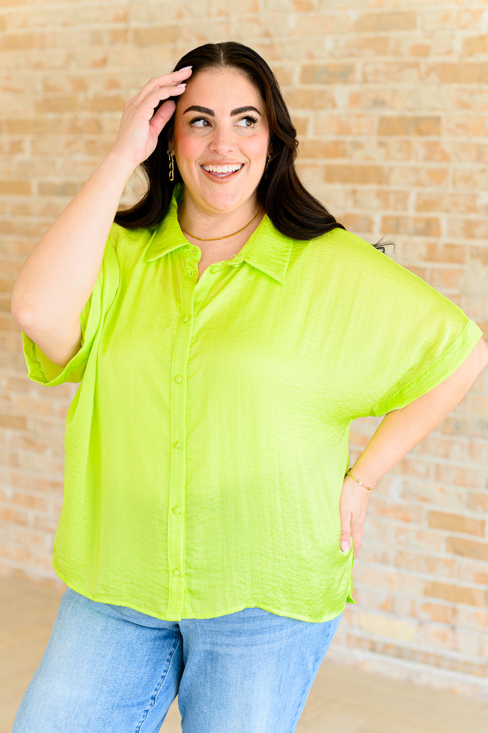Bright Idea Button Down in Citrus Tops Ave Shops- Tilden Co.