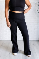 Building Habits Twill Flared Crossover Waist Pant in Black    Bottoms Ave Shops- Tilden Co.