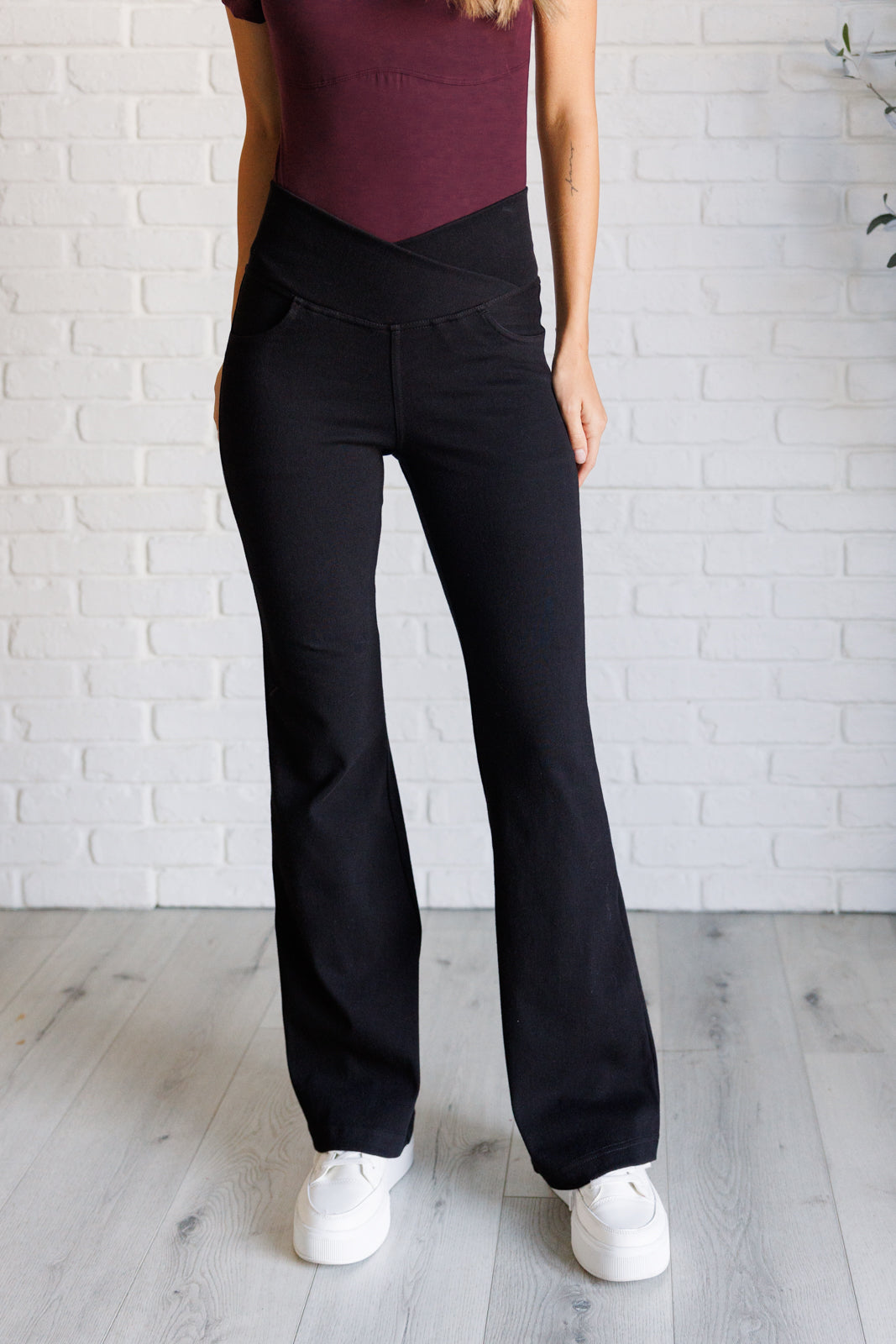 Building Habits Twill Flared Crossover Waist Pant in Black    Bottoms Ave Shops- Tilden Co.