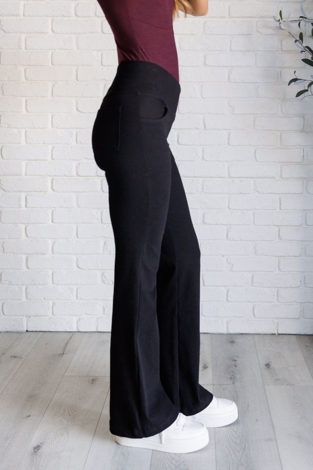 Building Habits Twill Flared Crossover Waist Pant in Black    Bottoms Ave Shops- Tilden Co.