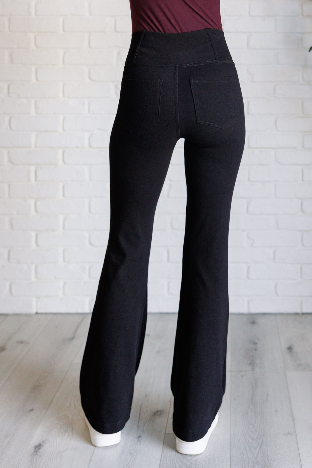 Building Habits Twill Flared Crossover Waist Pant in Black    Bottoms Ave Shops- Tilden Co.