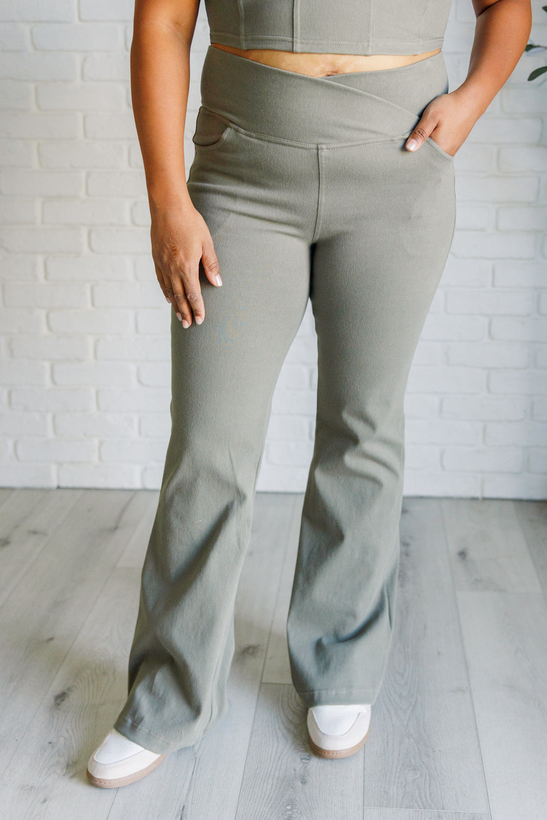 Building Habits Twill Flared Crossover Waist Pant in Dusty Olive    Bottoms Ave Shops- Tilden Co.