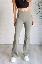 Building Habits Twill Flared Crossover Waist Pant in Dusty Olive    Bottoms Ave Shops- Tilden Co.