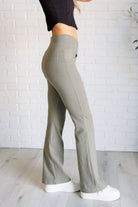 Building Habits Twill Flared Crossover Waist Pant in Dusty Olive    Bottoms Ave Shops- Tilden Co.