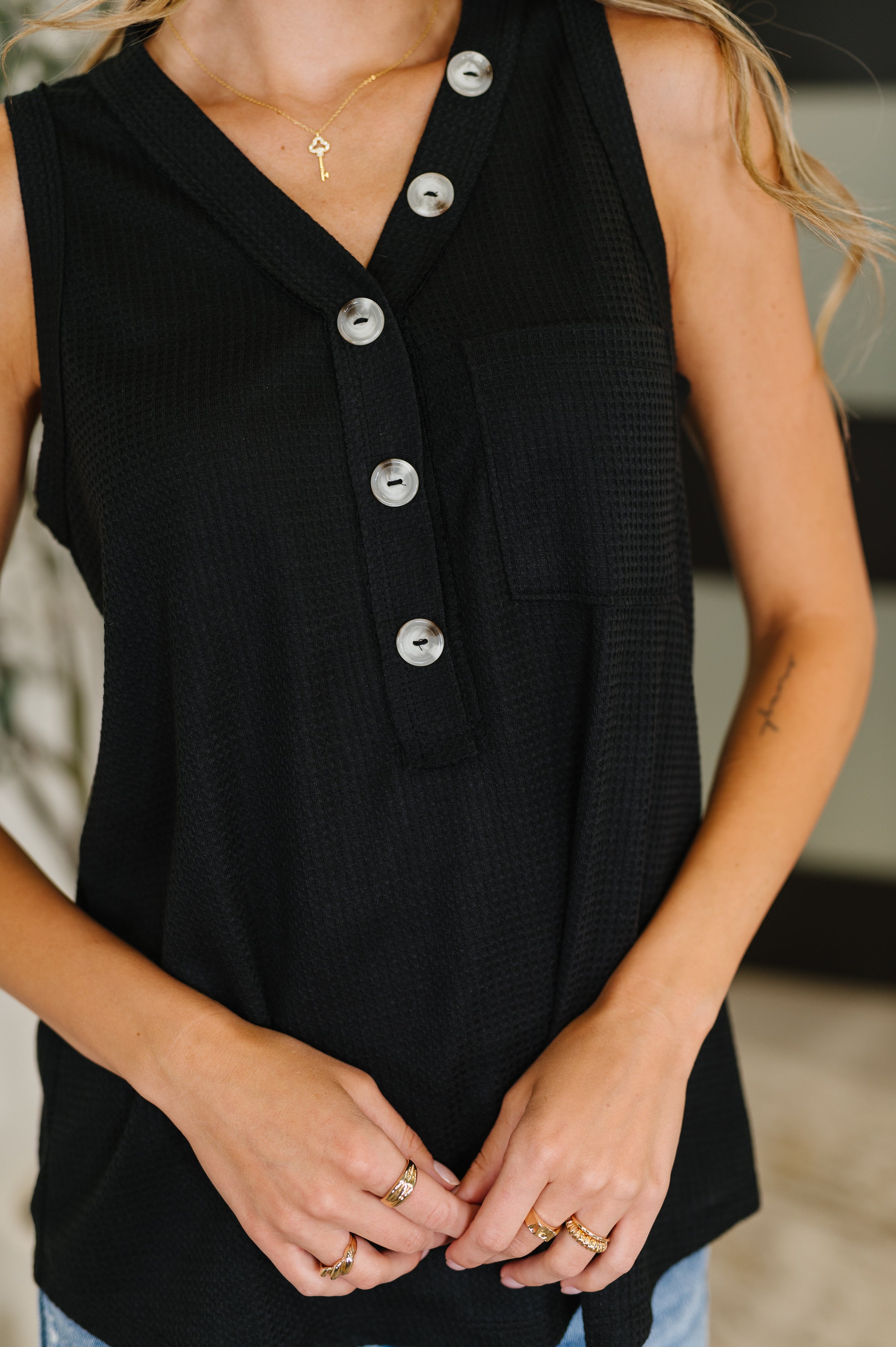 Buttoned Up Buttercup Sleeveless Top in Black Womens Ave Shops- Tilden Co.