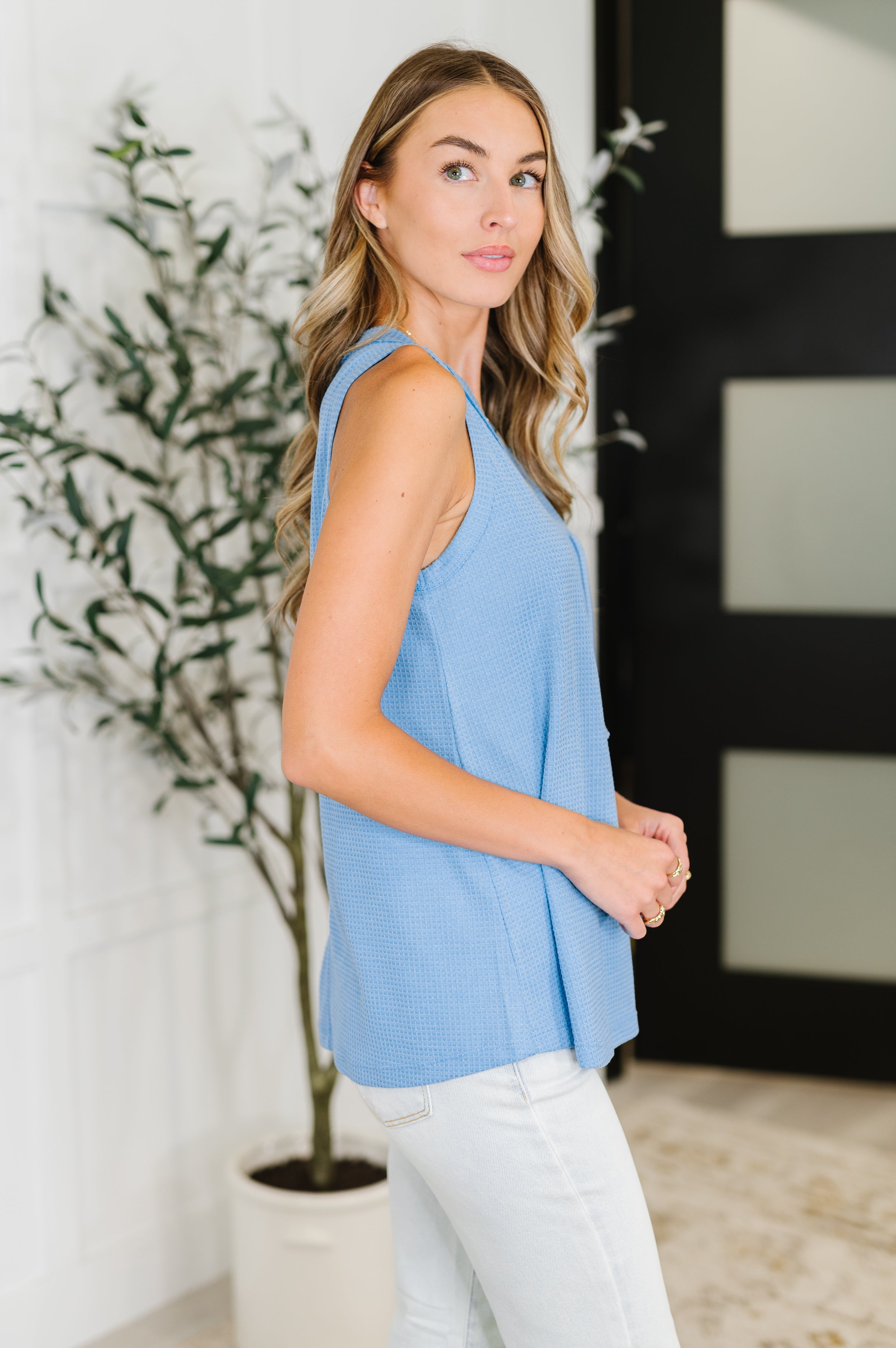 Buttoned Up Buttercup Sleeveless Top in Ocean Blue Womens Ave Shops- Tilden Co.