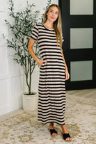 PREORDER: Cap Sleeve Maxi Dress in Black and Tan Stripe Womens Ave Shops- Tilden Co.