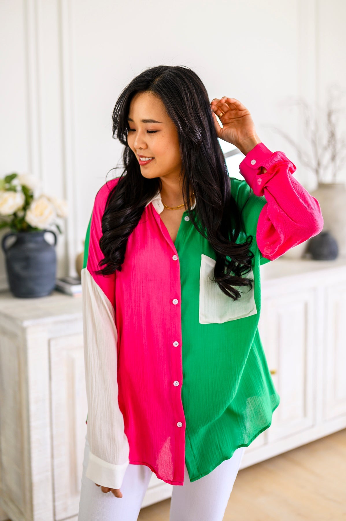 Capture the Day Two Toned Button Up Kelly Tops Ave Shops- Tilden Co.