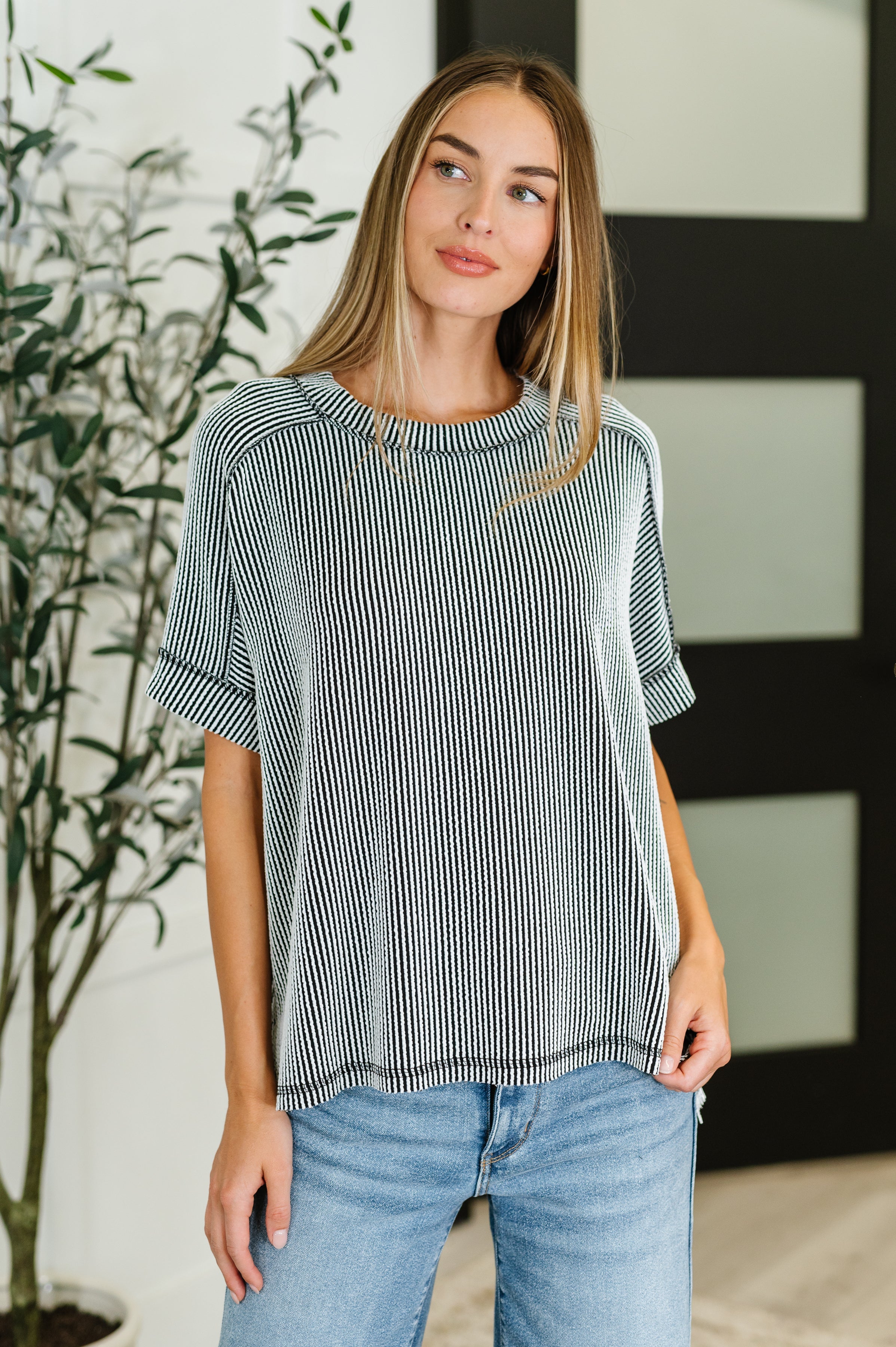 Catch Me Loungin’ Cable Ribbed Knit Top in Black and White Womens Ave Shops- Tilden Co.