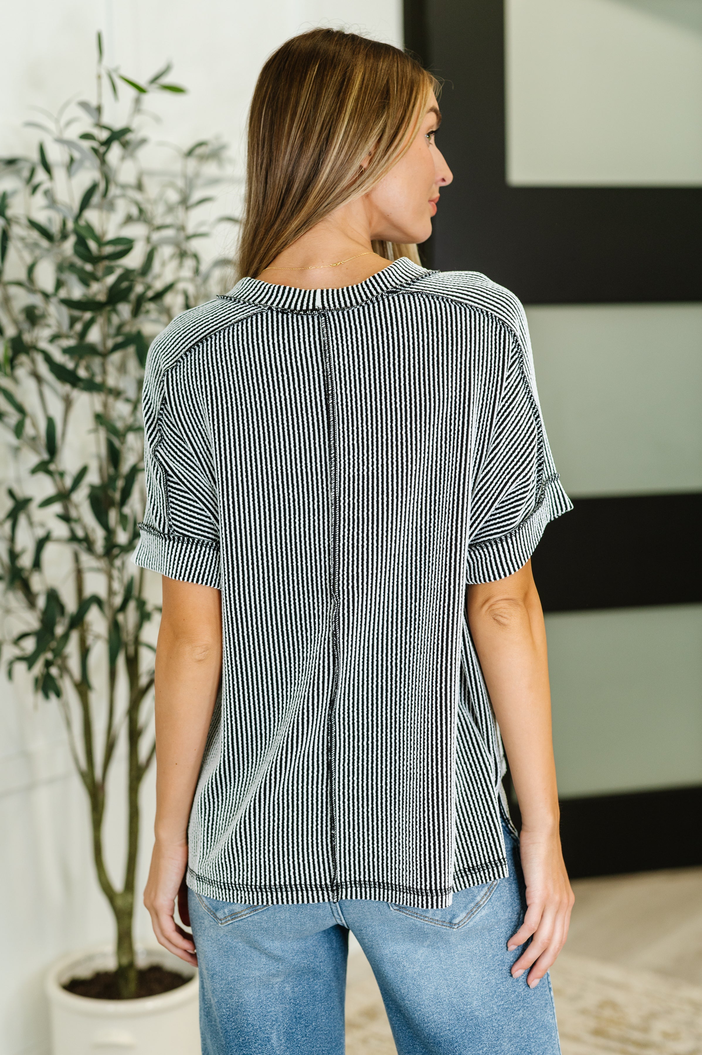 Catch Me Loungin’ Cable Ribbed Knit Top in Black and White Womens Ave Shops- Tilden Co.