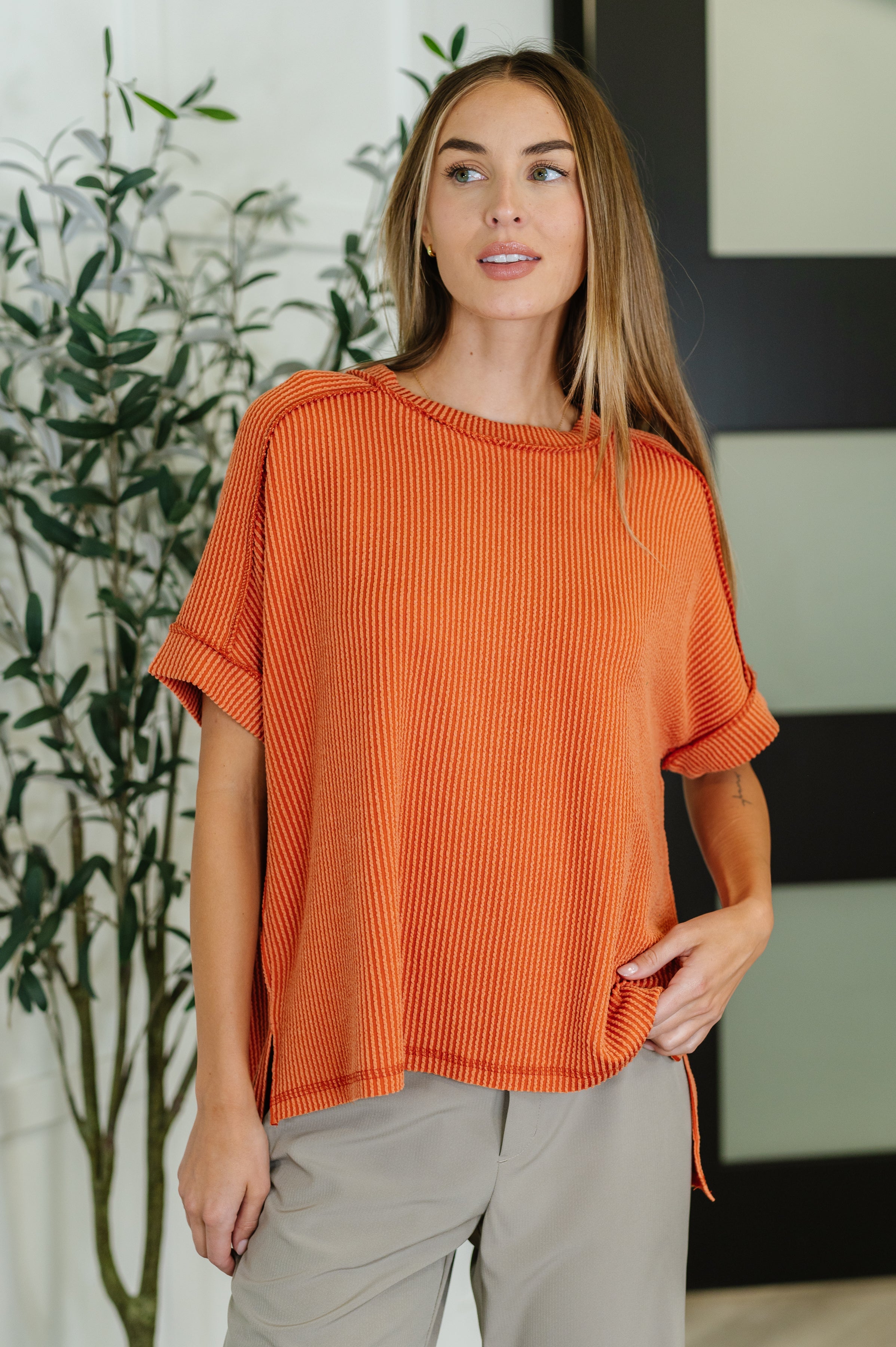 Catch Me Loungin’ Cable Ribbed Knit Top in Burnt Orange Womens Ave Shops- Tilden Co.