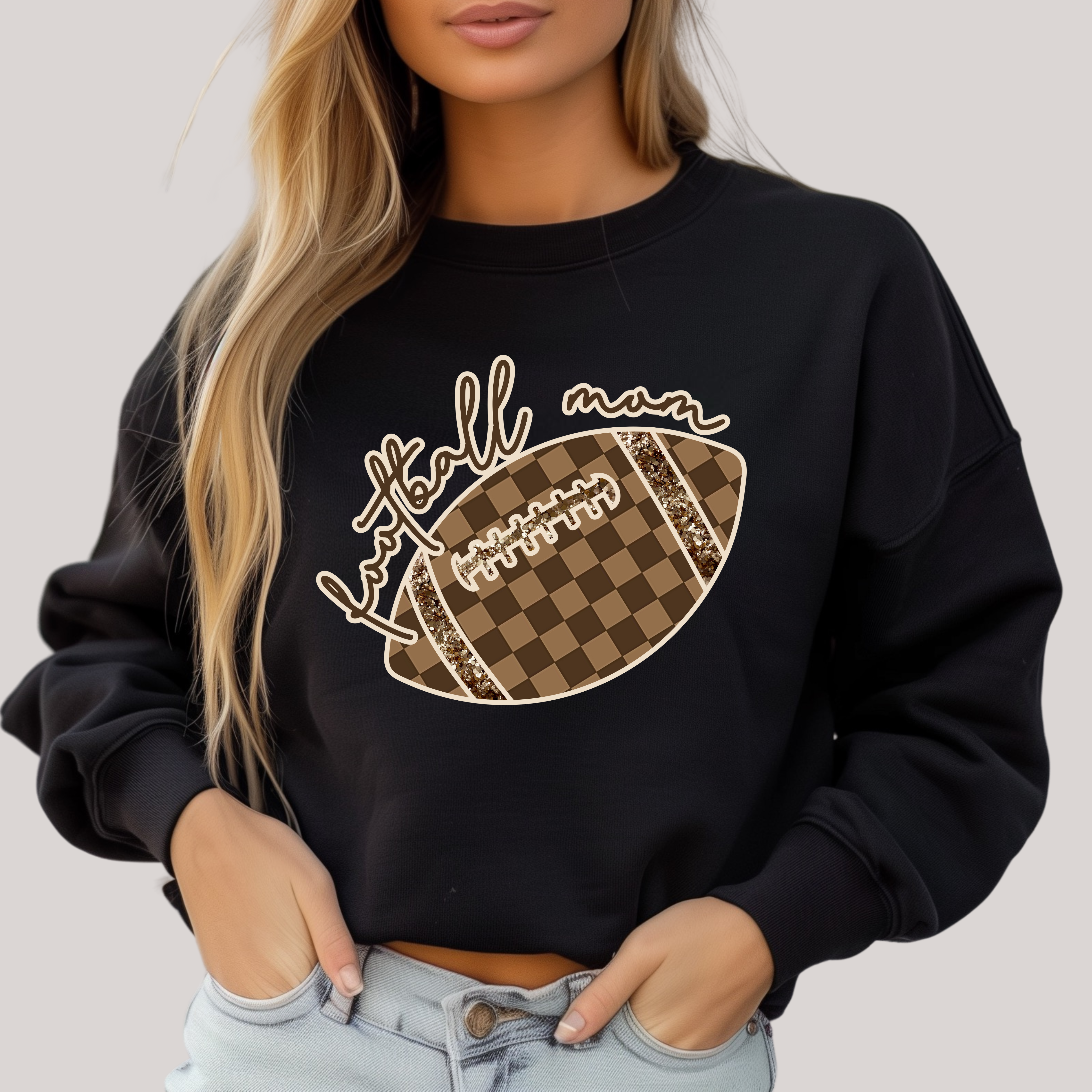 Check Football Mom in Black Sweatshirt Womens Ave Shops- Tilden Co.