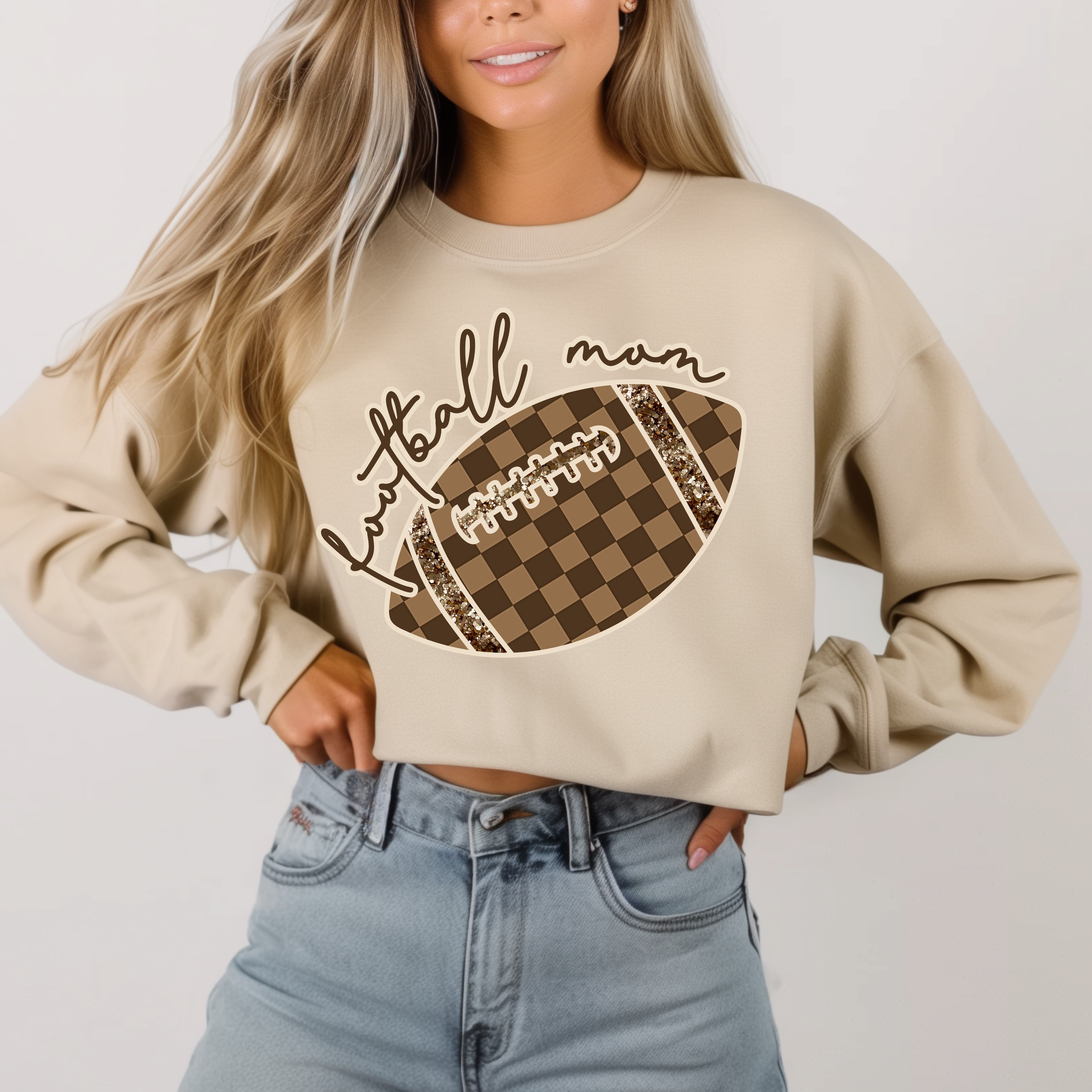 Check Football Mom in Sand Sweatshirt Sweater Ave Shops- Tilden Co.