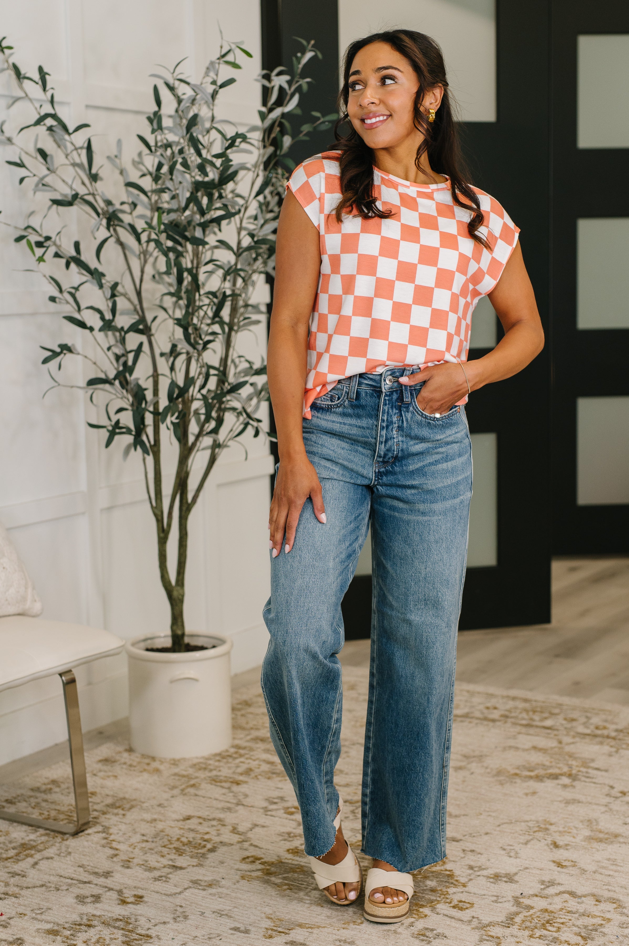 Check Hers Round Neck Top in Orange Womens Ave Shops- Tilden Co.